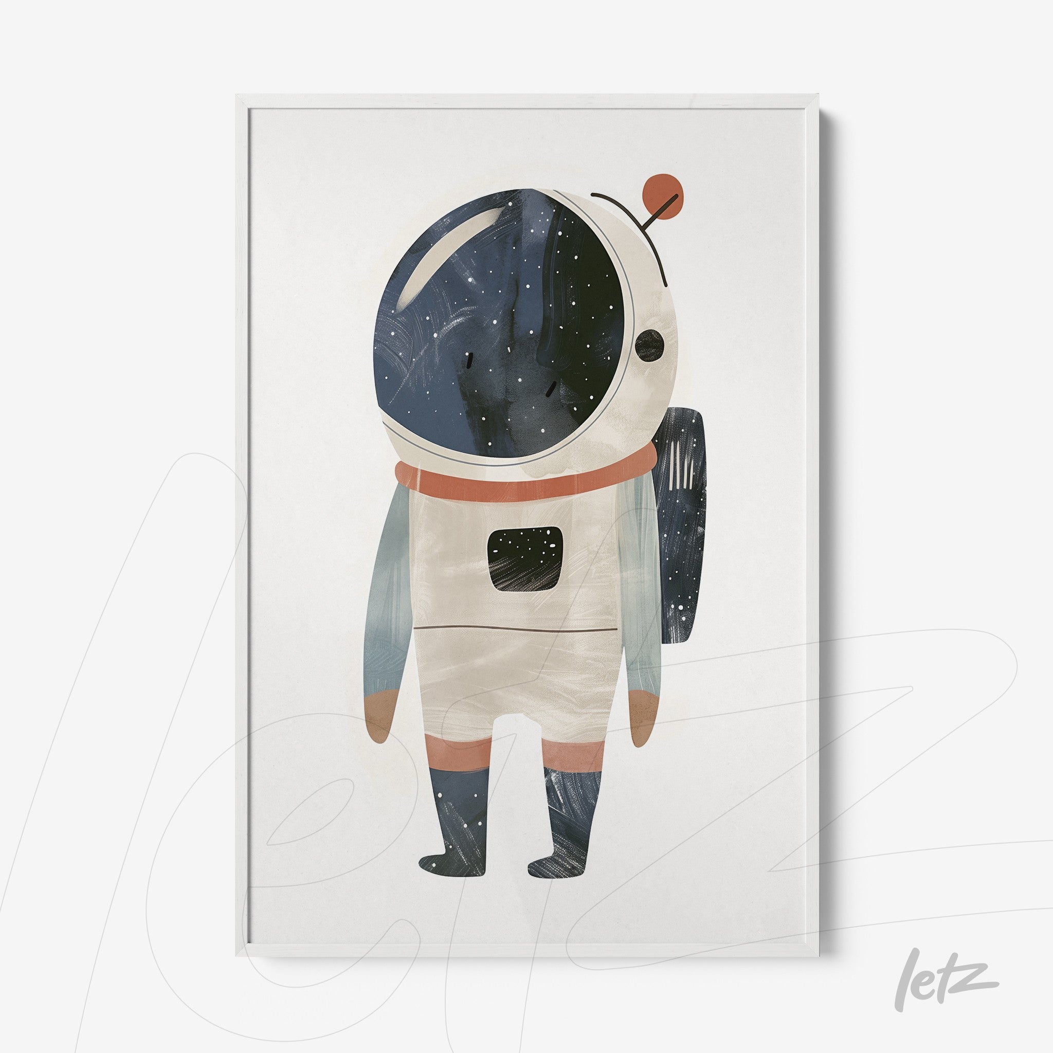 framed wall art featuring a playful illustration of an astronaut with a white frame and light background