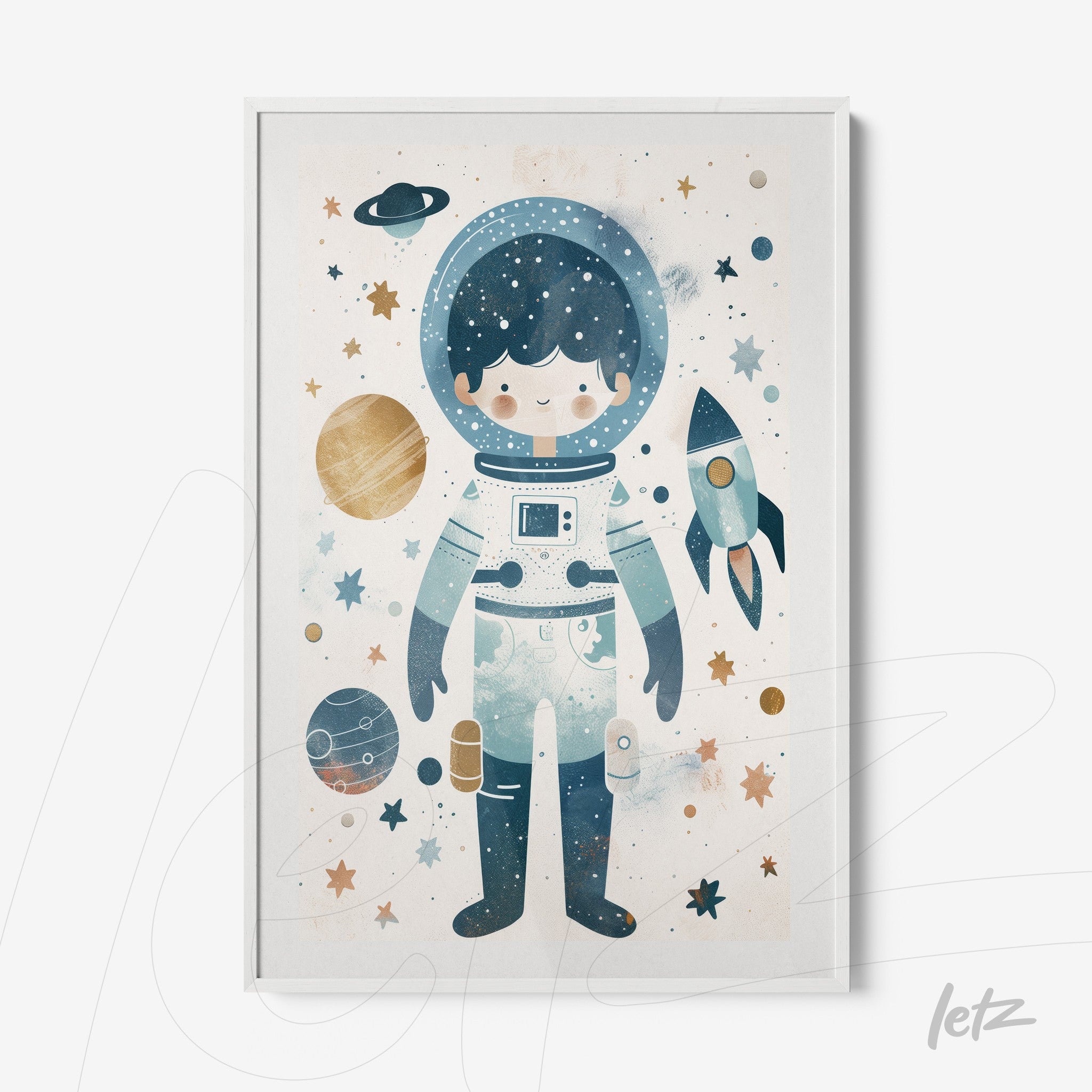 framed artwork of a cute astronaut in blue tones surrounded by planets and stars