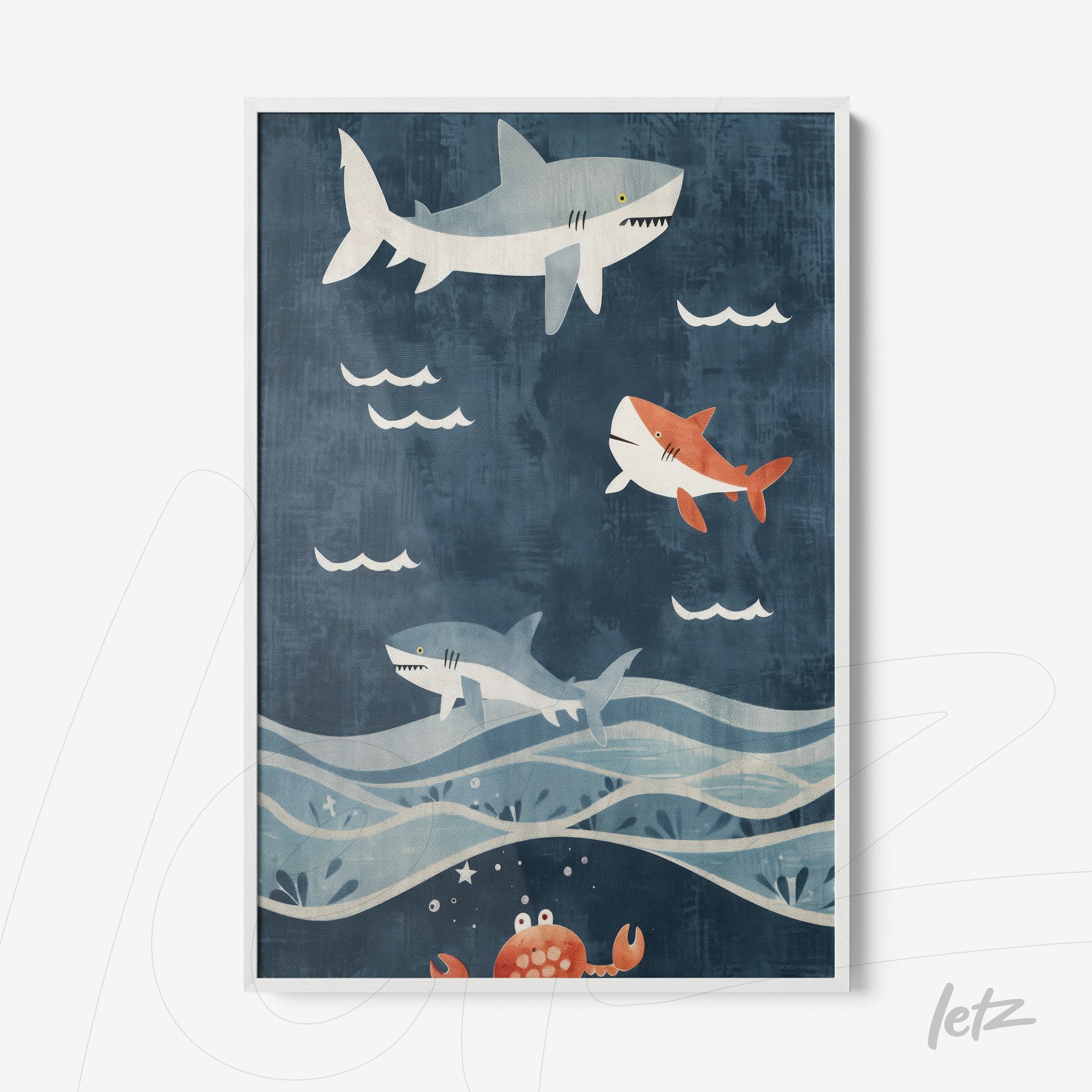 framed playful illustration of sharks swimming in blue background with waves and a crab detail at the bottom