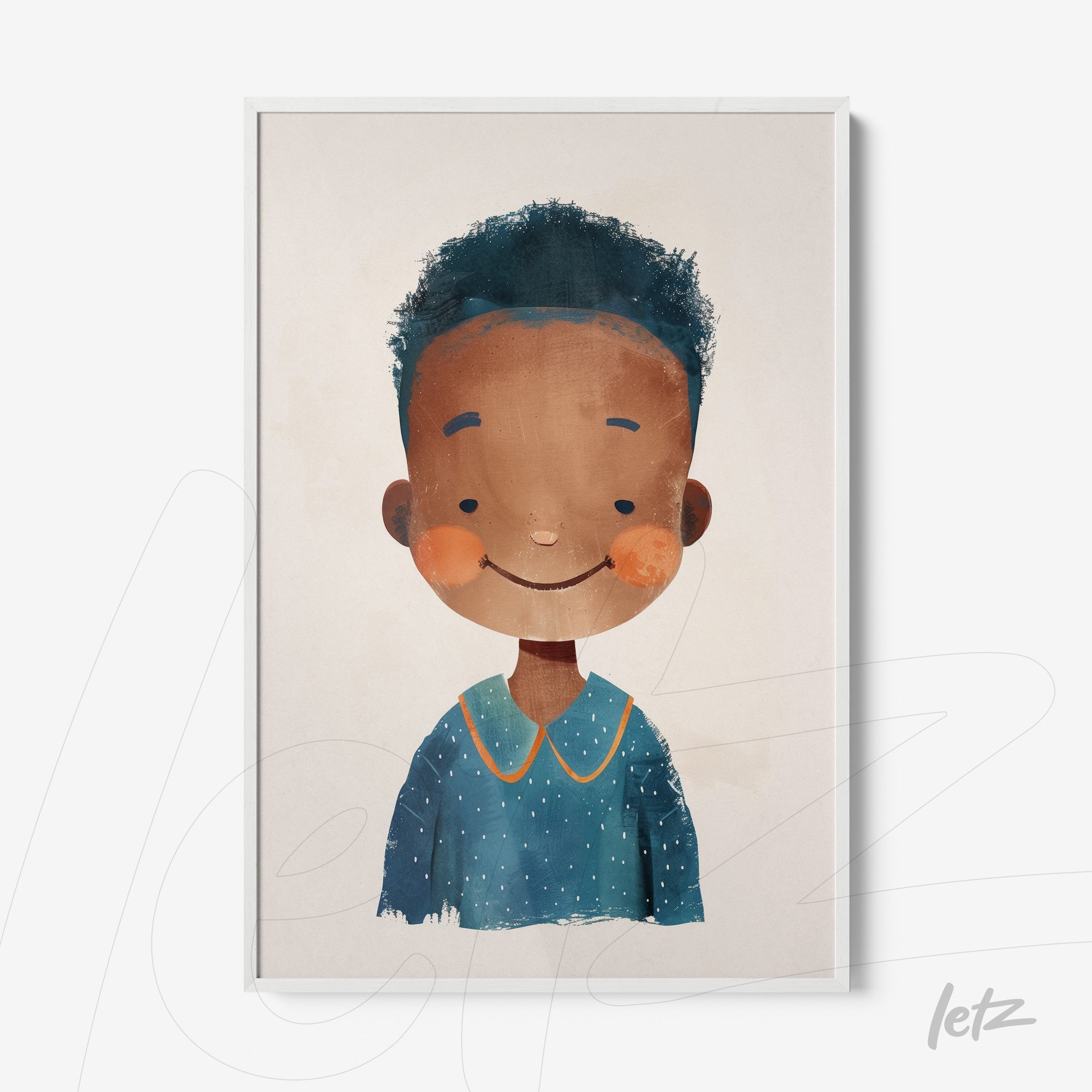 framed wall art featuring a children's illustration of a girl with curly hair wearing a blue shirt with white polka dots