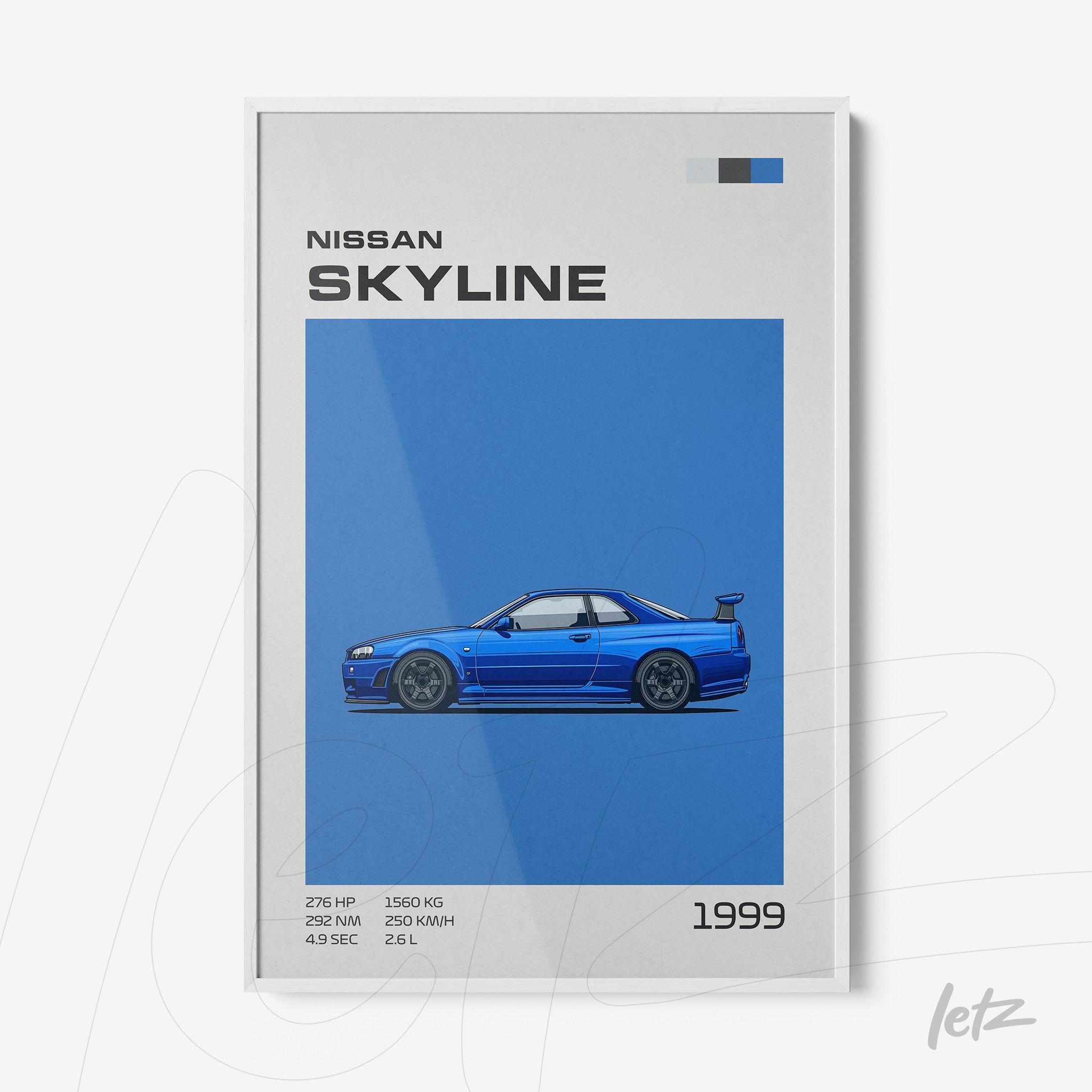 framed artwork featuring a 1999 Nissan Skyline illustration on blue background