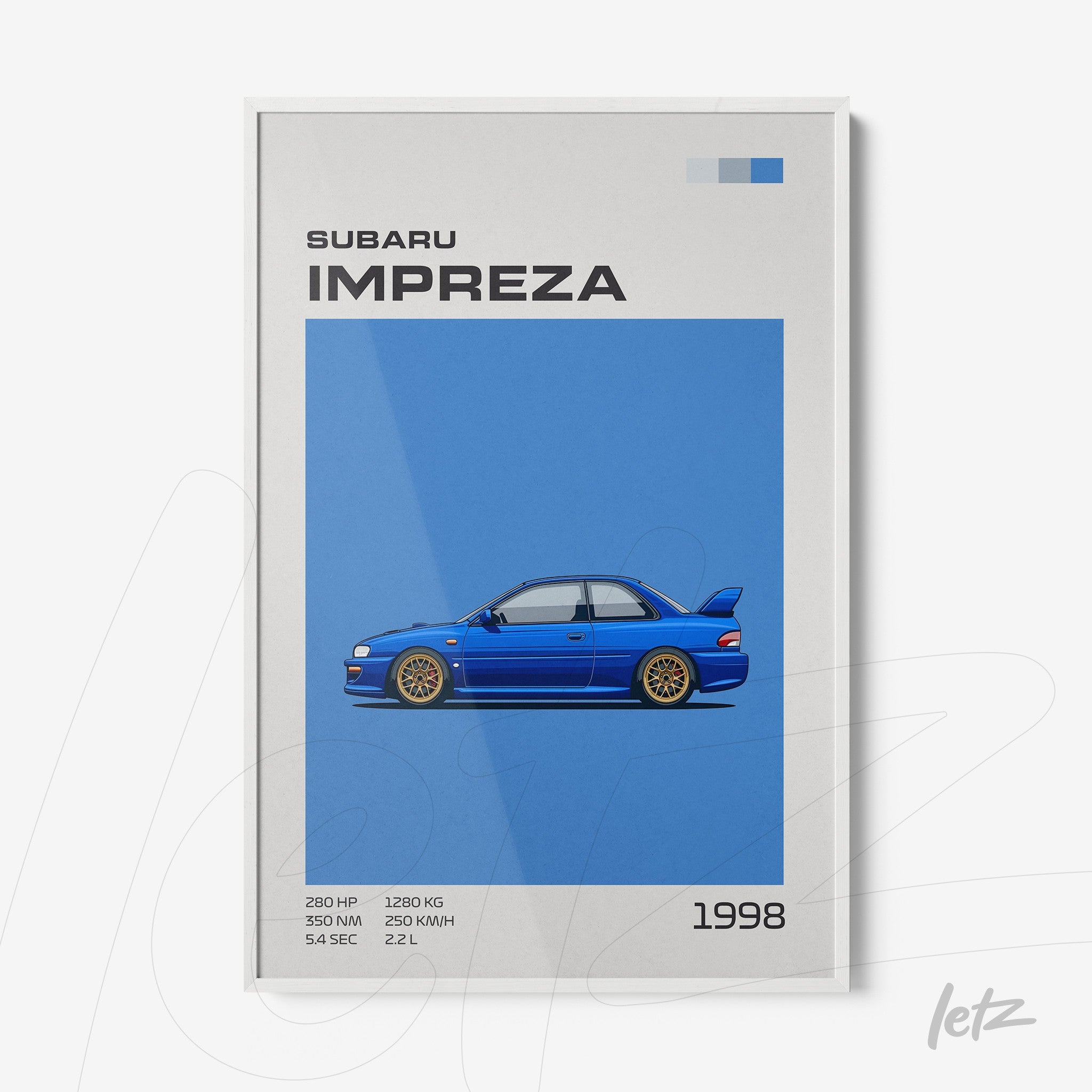 framed art featuring a 1998 Subaru Impreza illustration on a blue background with white frame