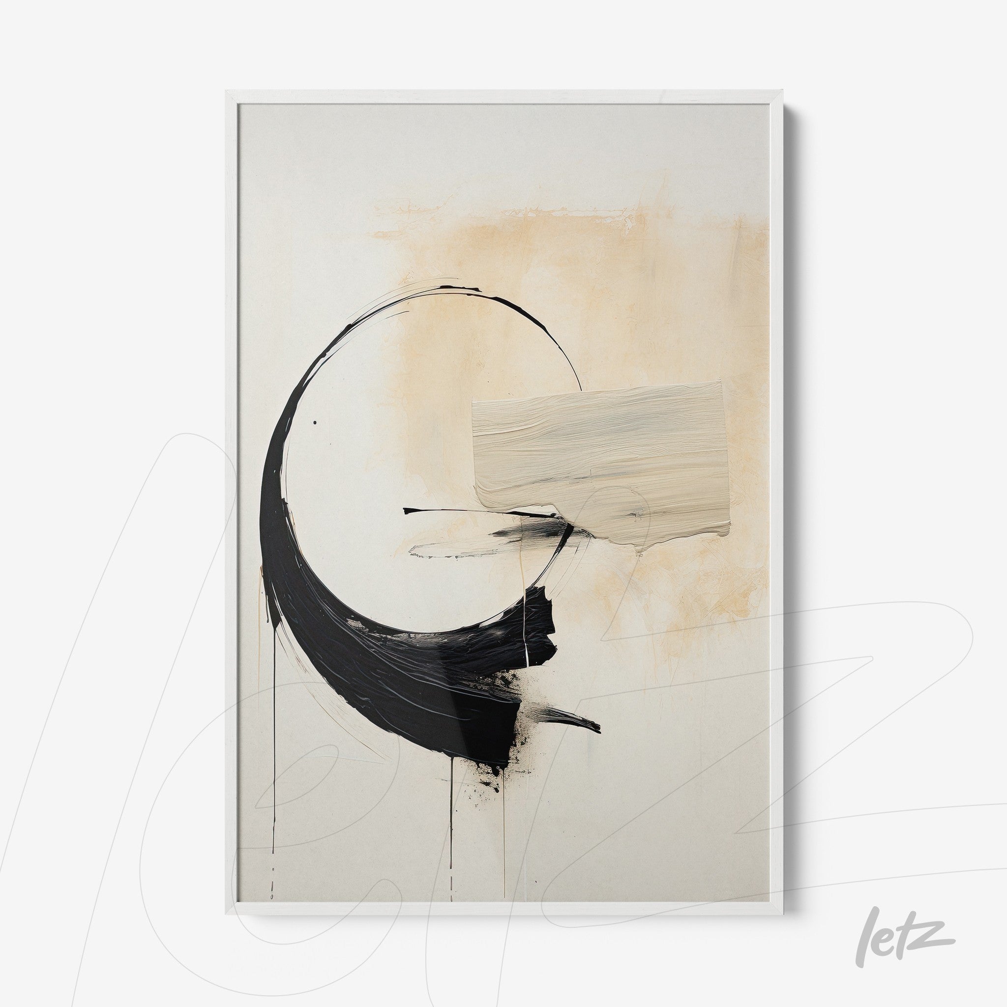 abstract wall art in black and cream colors within a white frame