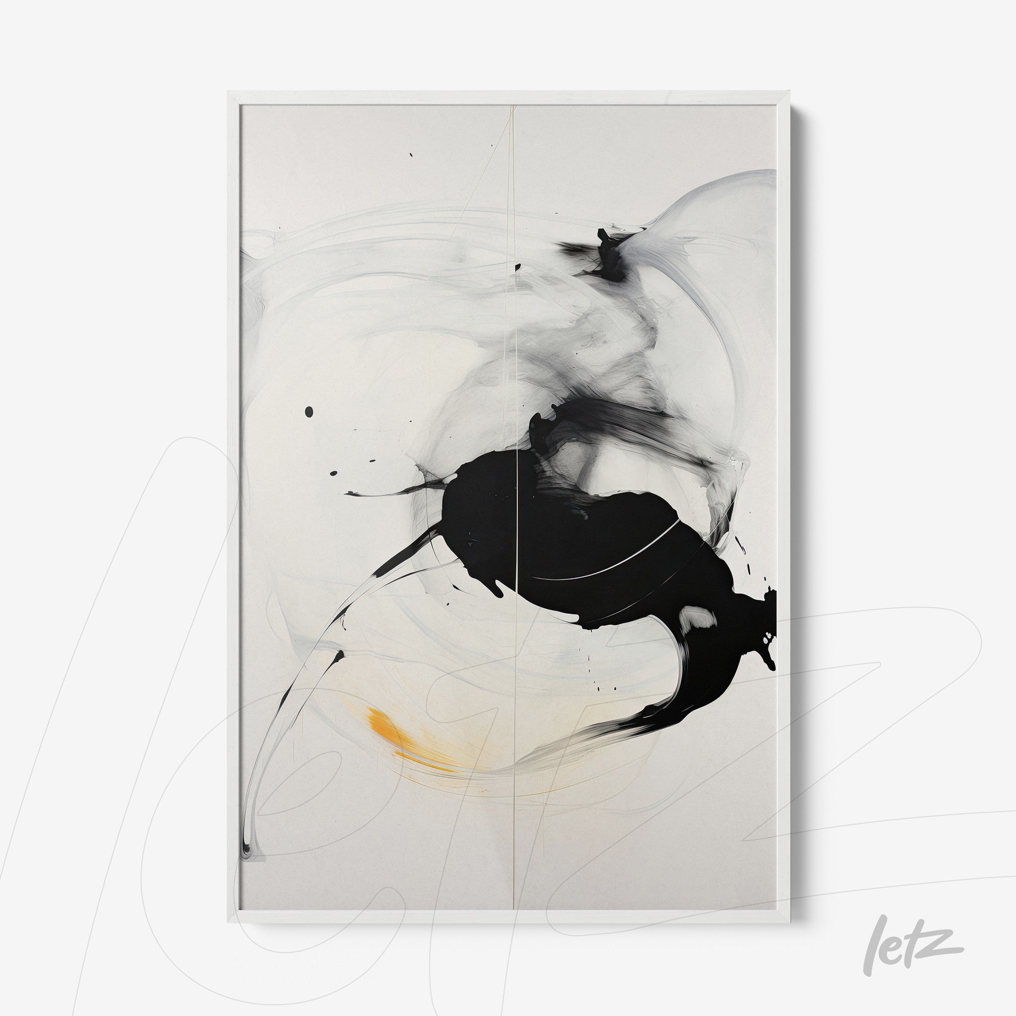 modern framed art featuring abstract black and white design with yellow accents