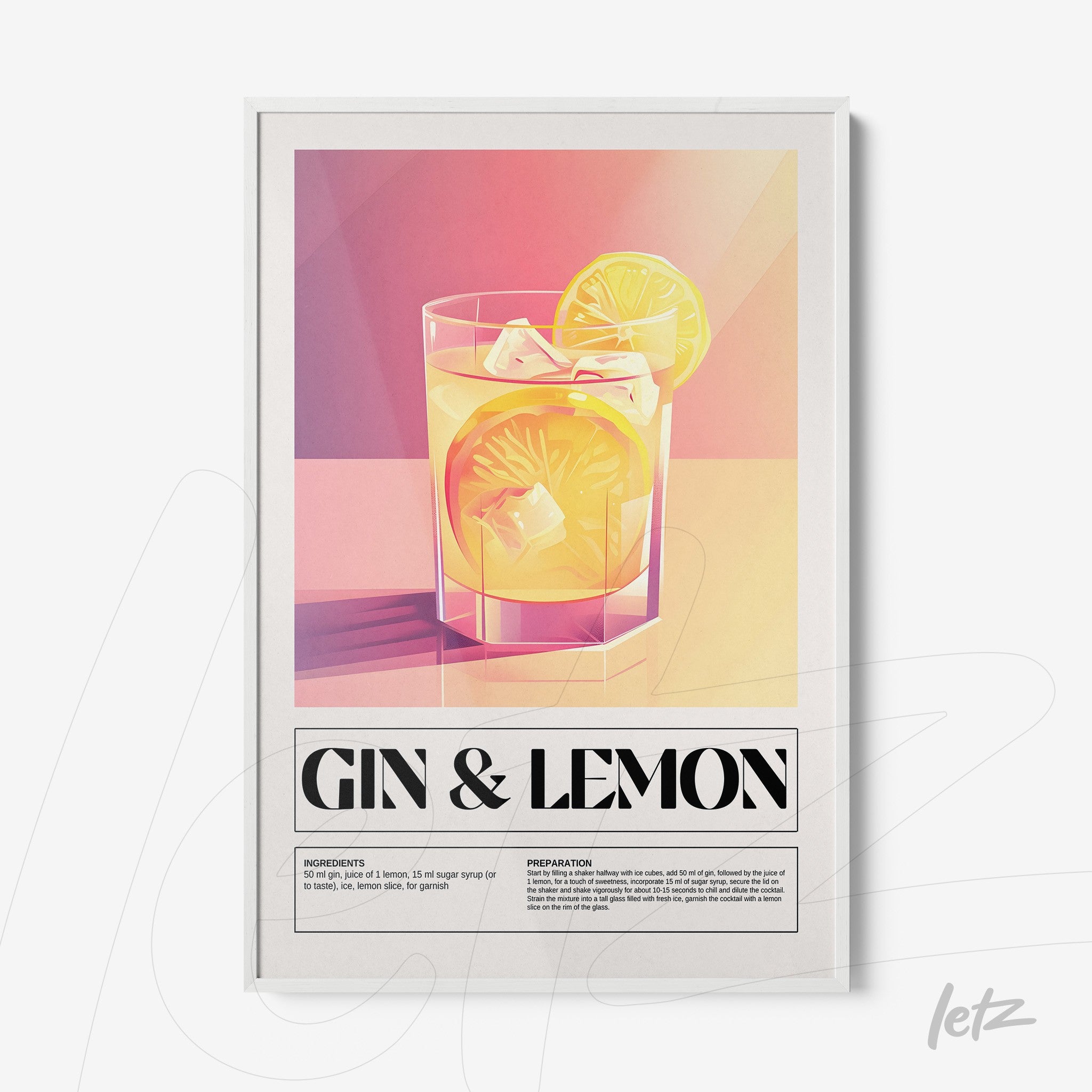 framed geometric art of gin and lemon drink with white frame