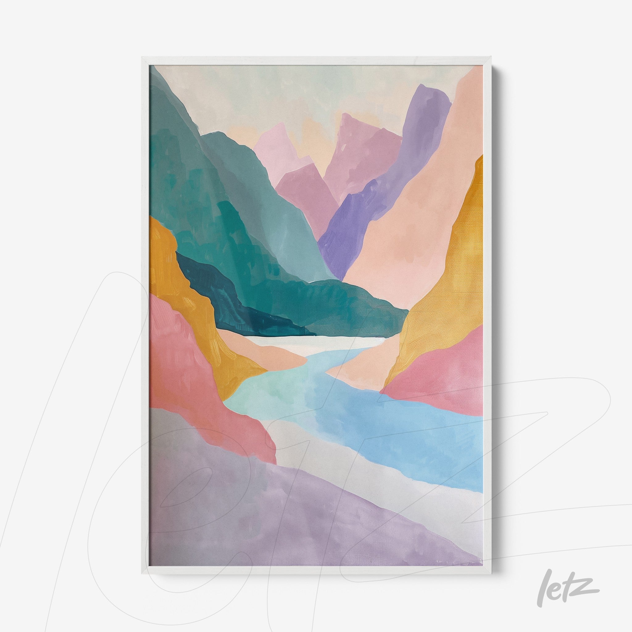 framed abstract art of mountains in pastel colors