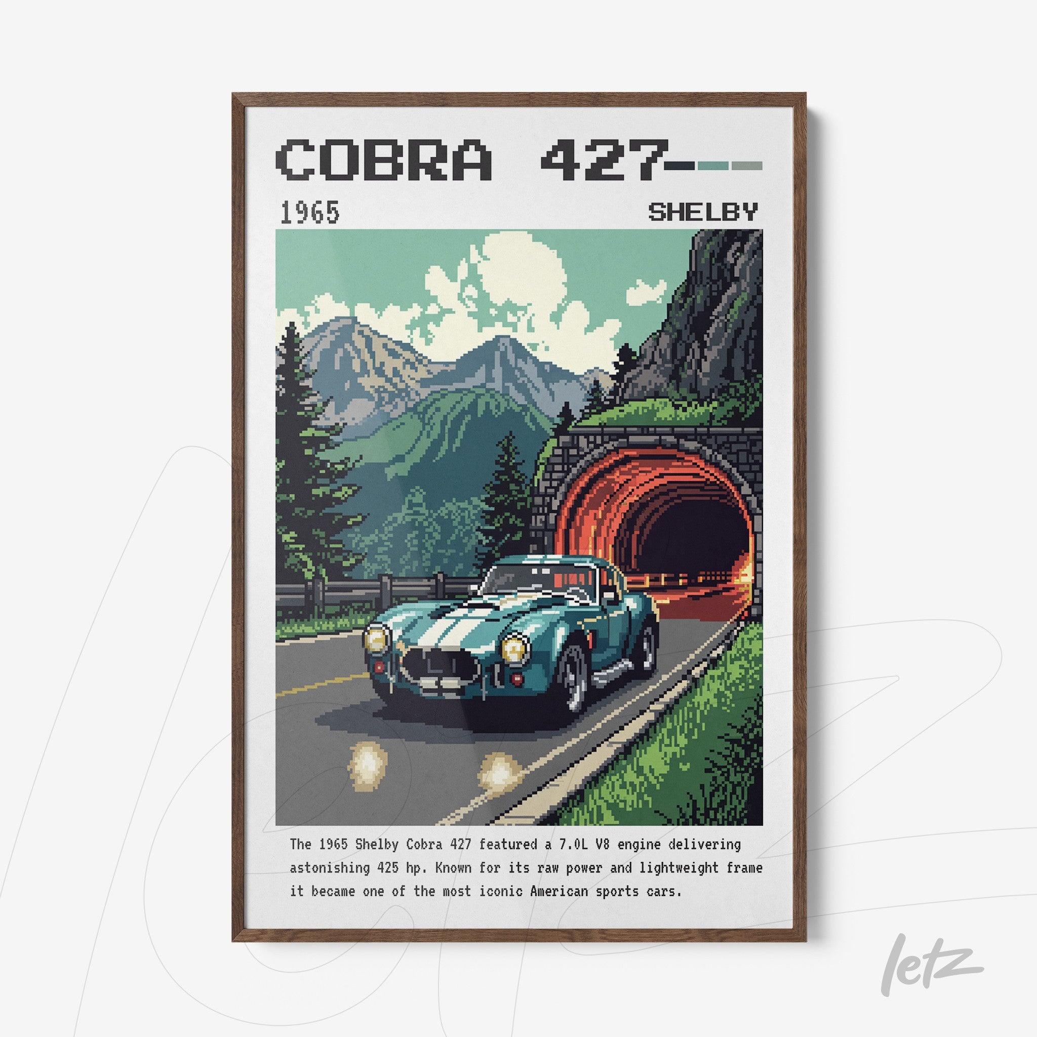 framed artwork of Shelby Cobra 427 sports car with dark wood frame, featuring mountainous landscape and tunnel background