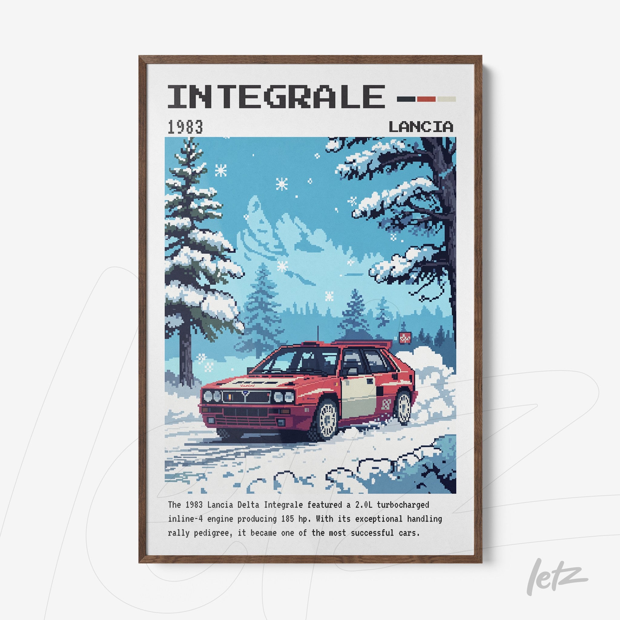 pixel art wall art featuring a lancia delta integrale car in a snowy landscape with a dark wood frame