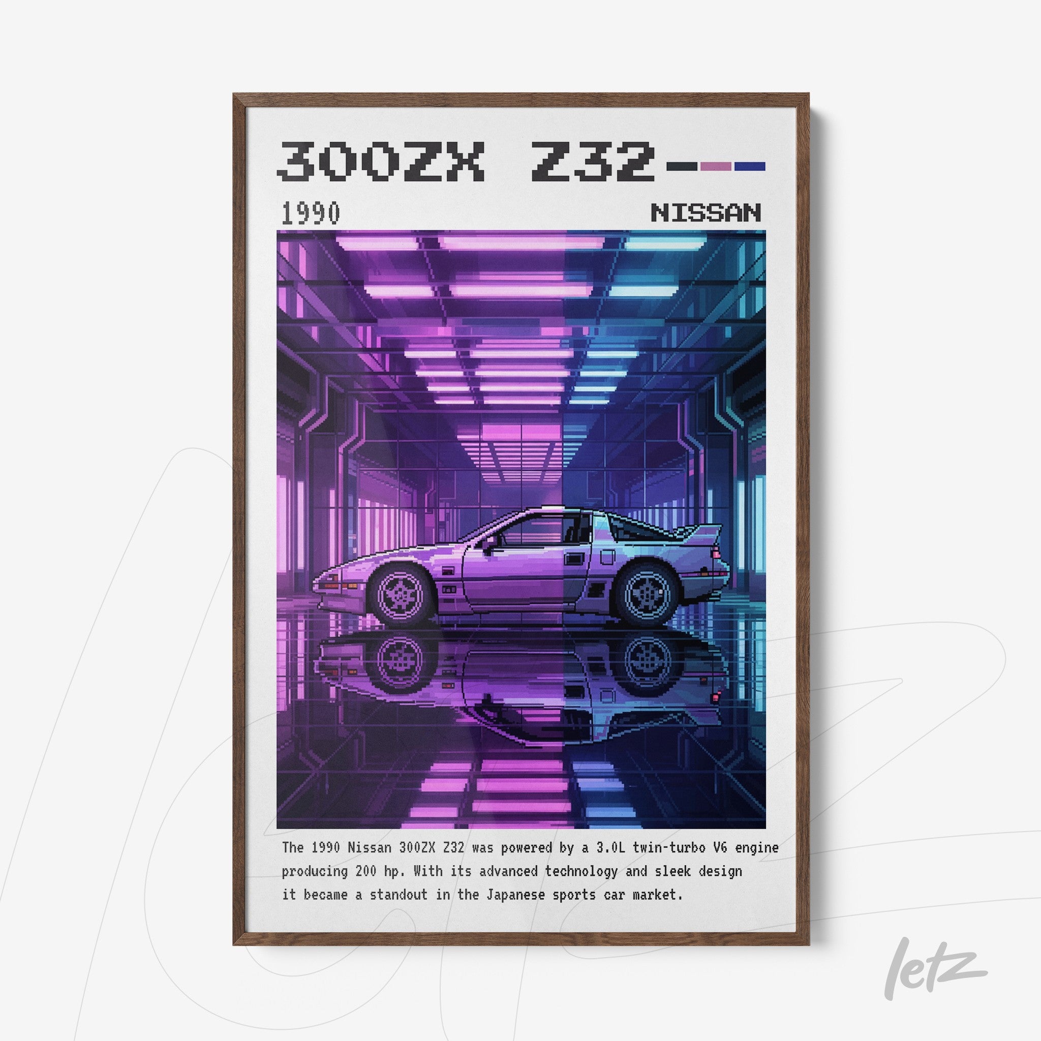 framed wall art of a Nissan 300ZX Z32 car in neon background with dark wood frame