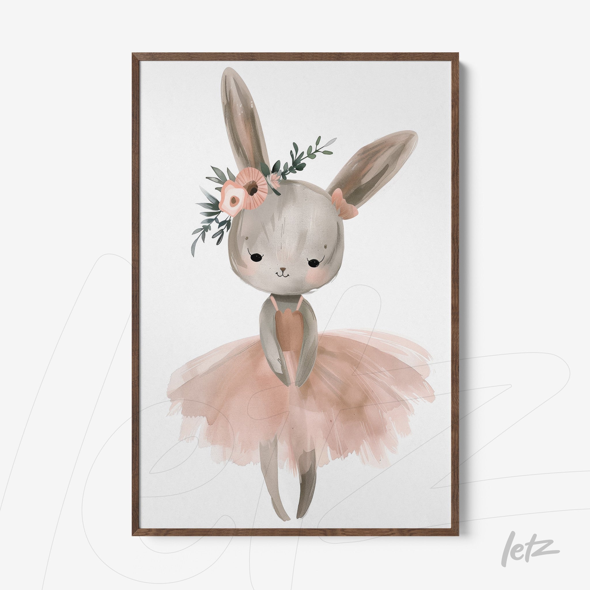 framed wall art of a ballerina bunny wearing a pink tutu and floral crown with dark wooden frame