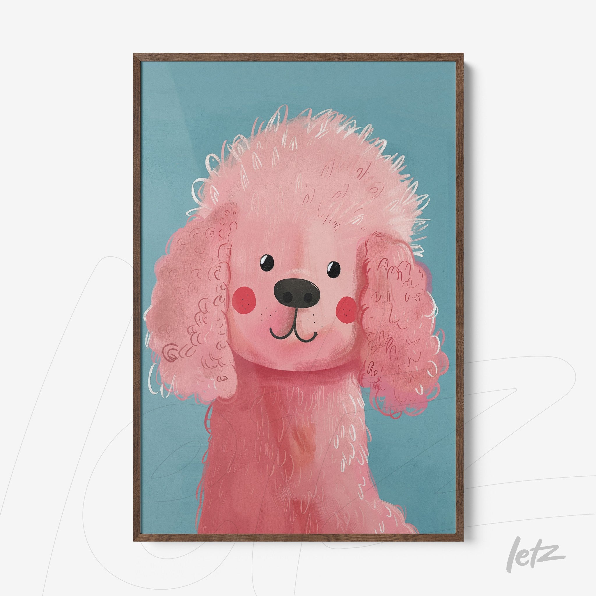 framed digital art of a pink poodle against a blue background with light wood frame