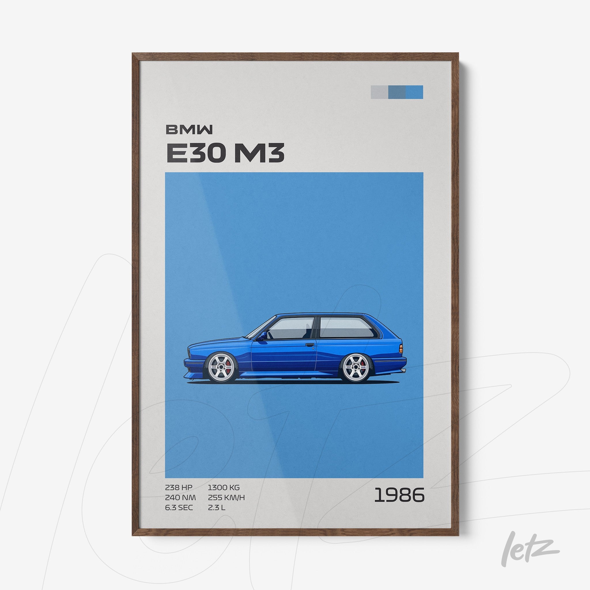 framed wall art featuring a stylized illustration of a BMW E30 M3 car against a blue background with a dark wood frame