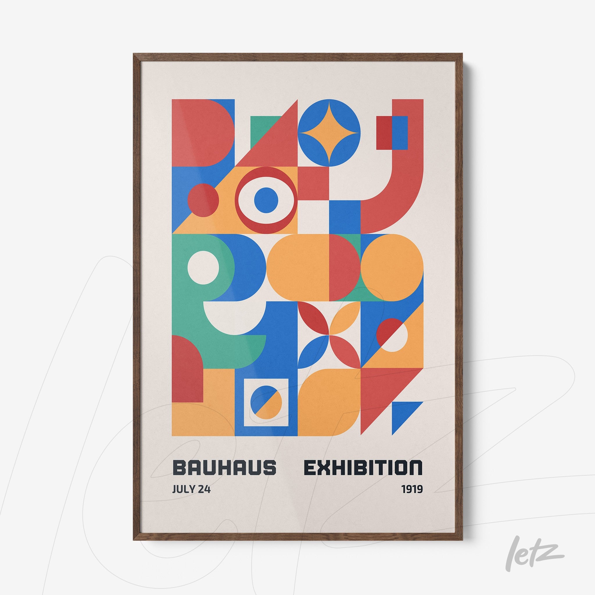 poster with colorful geometric shapes and text bauhaus exhibition in wooden frame