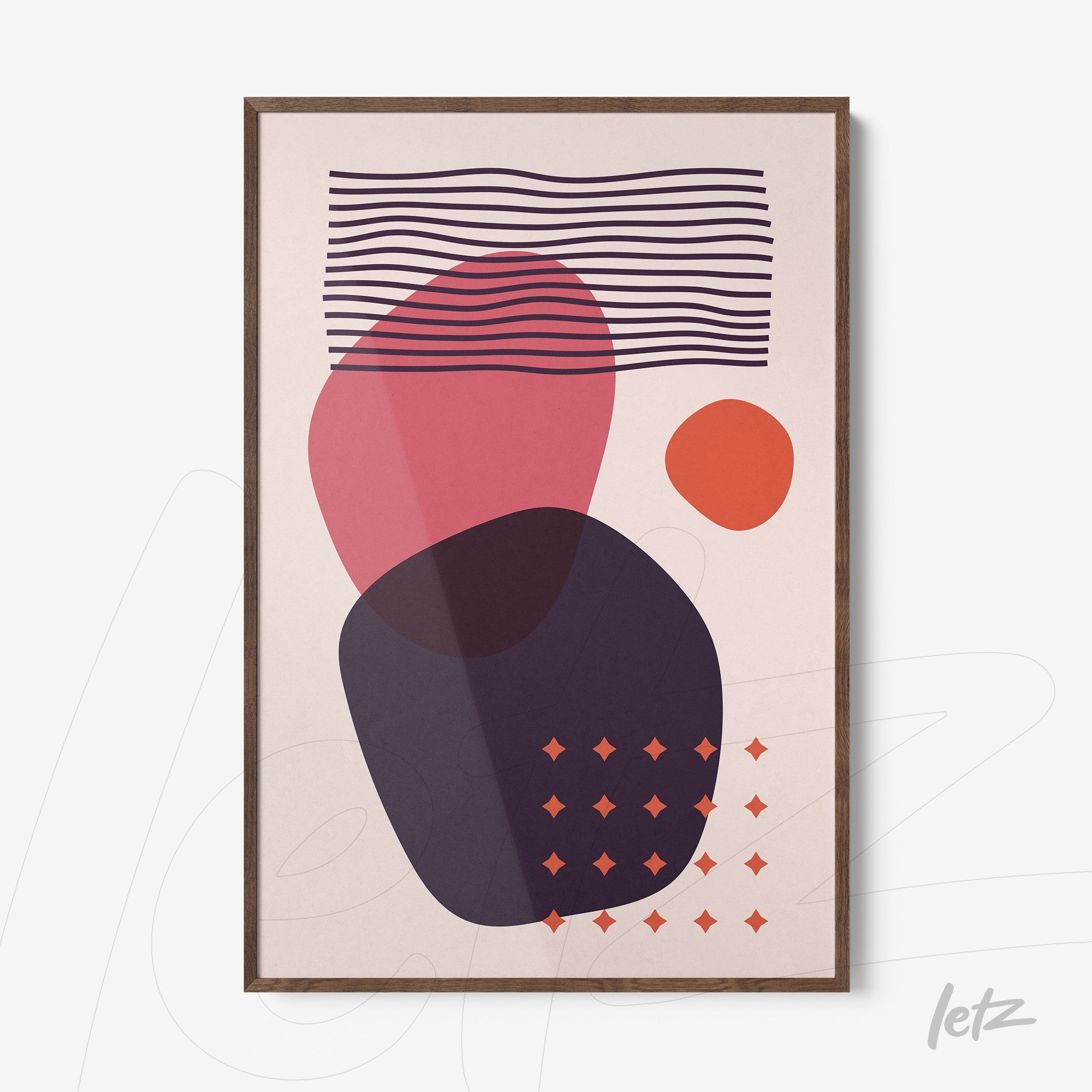 poster print featuring abstract art with vibrant geometric shapes and wooden frame