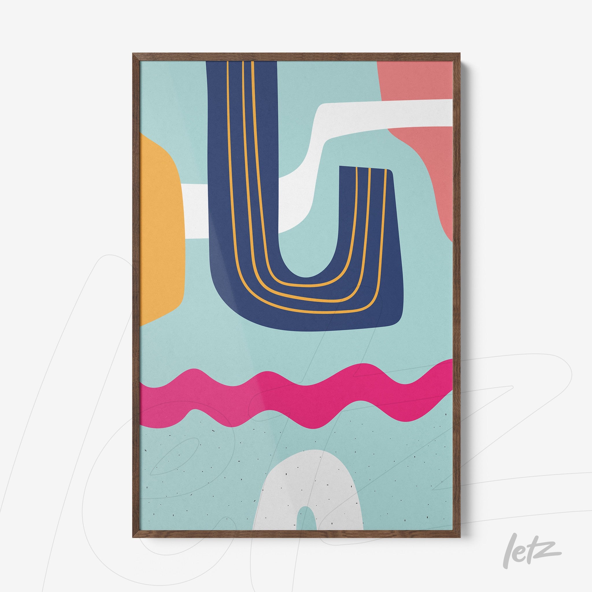 ```json
{
"alt": "quadro moderno com formas geométricas abstratas em azul, laranja e rosa dentro de moldura de madeira",
"alt_en": "modern framed art with abstract geometric shapes in blue, orange, and pink in wooden frame"
}
```