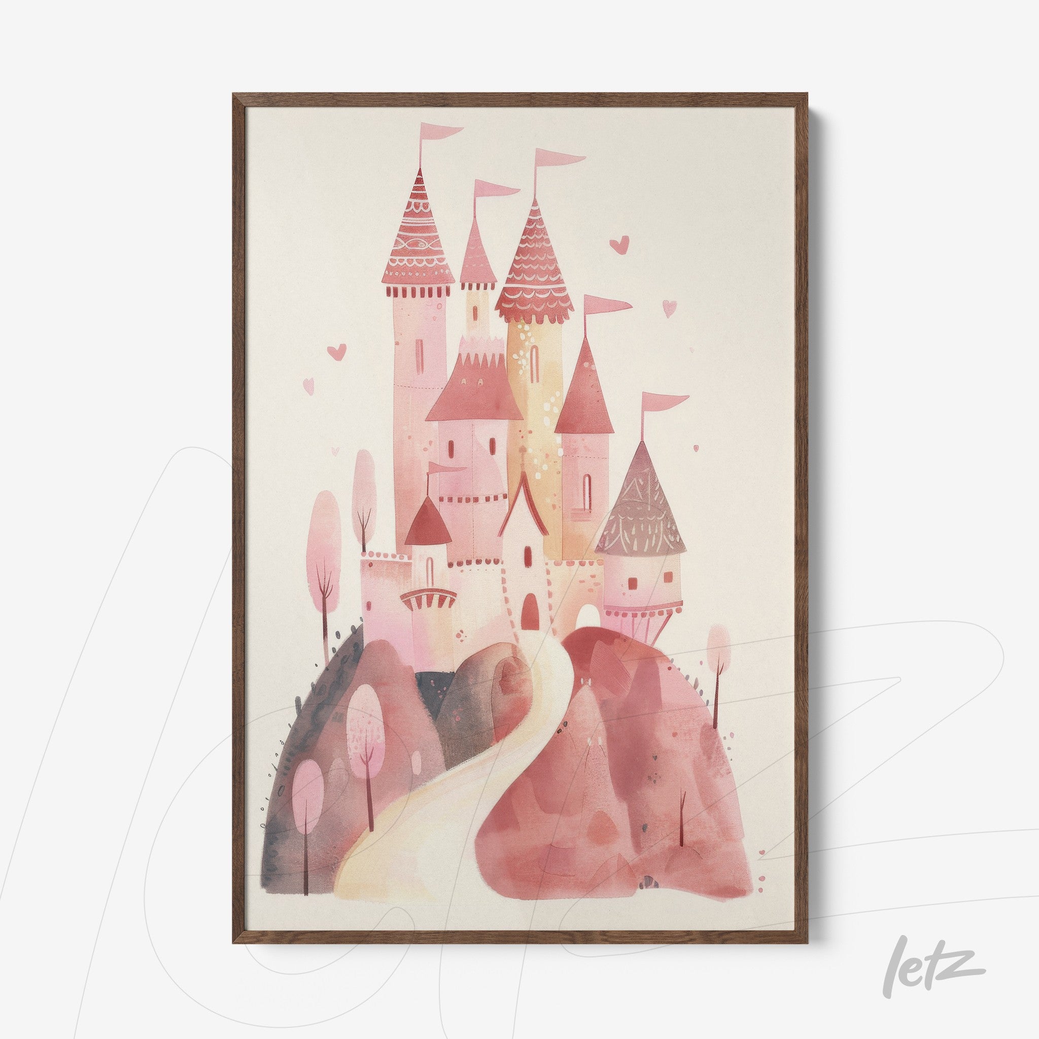 framed art featuring a whimsical pink castle illustration with a light wood frame