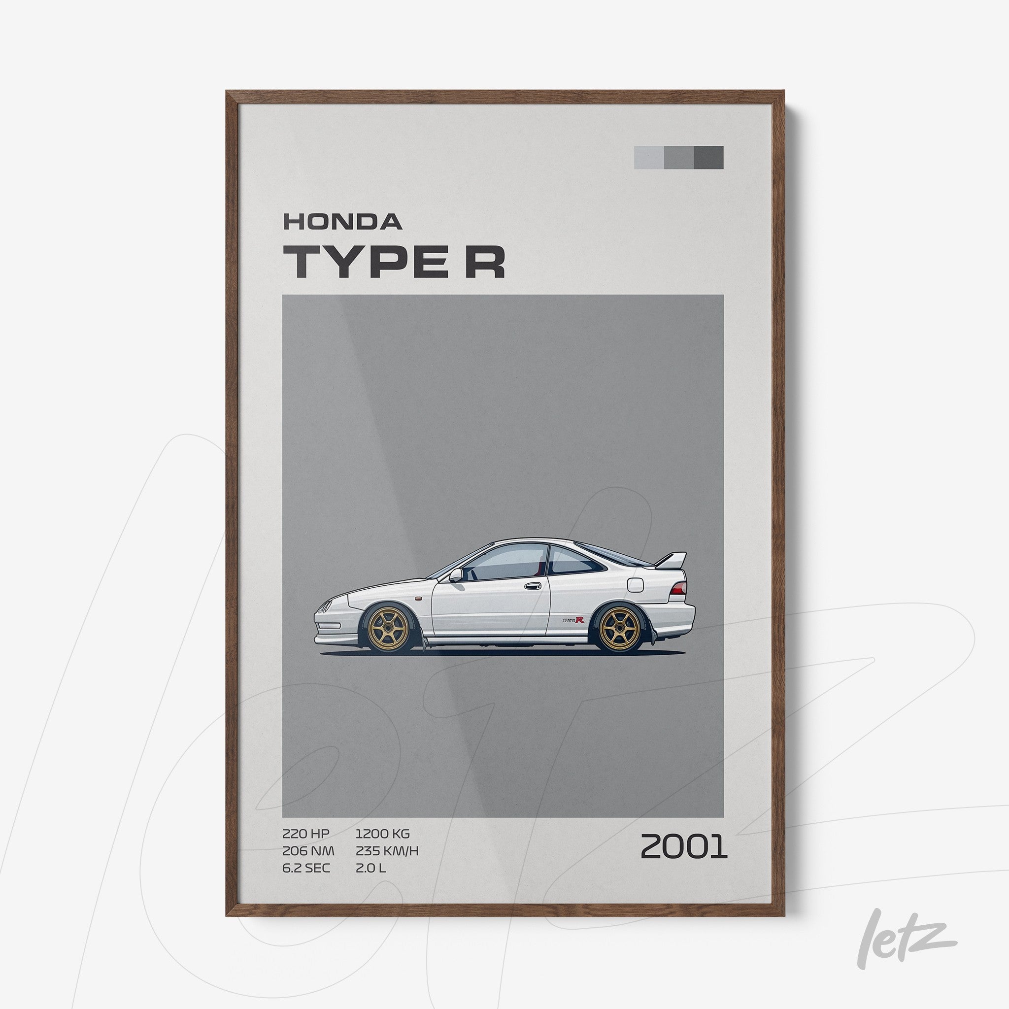 framed minimalist illustration of the 2001 Honda Type R car with dark wood frame