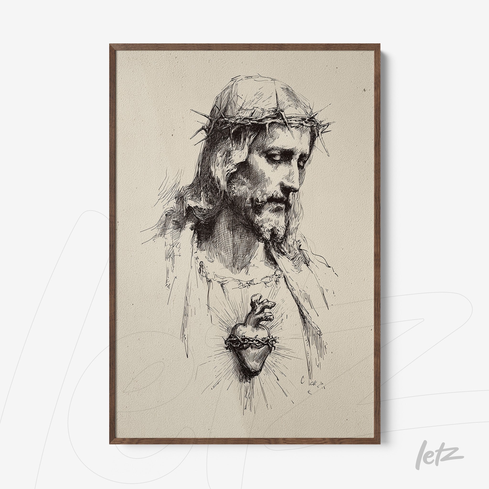 framed artwork of jesus christ with crown of thorns and sacred heart, light wooden frame