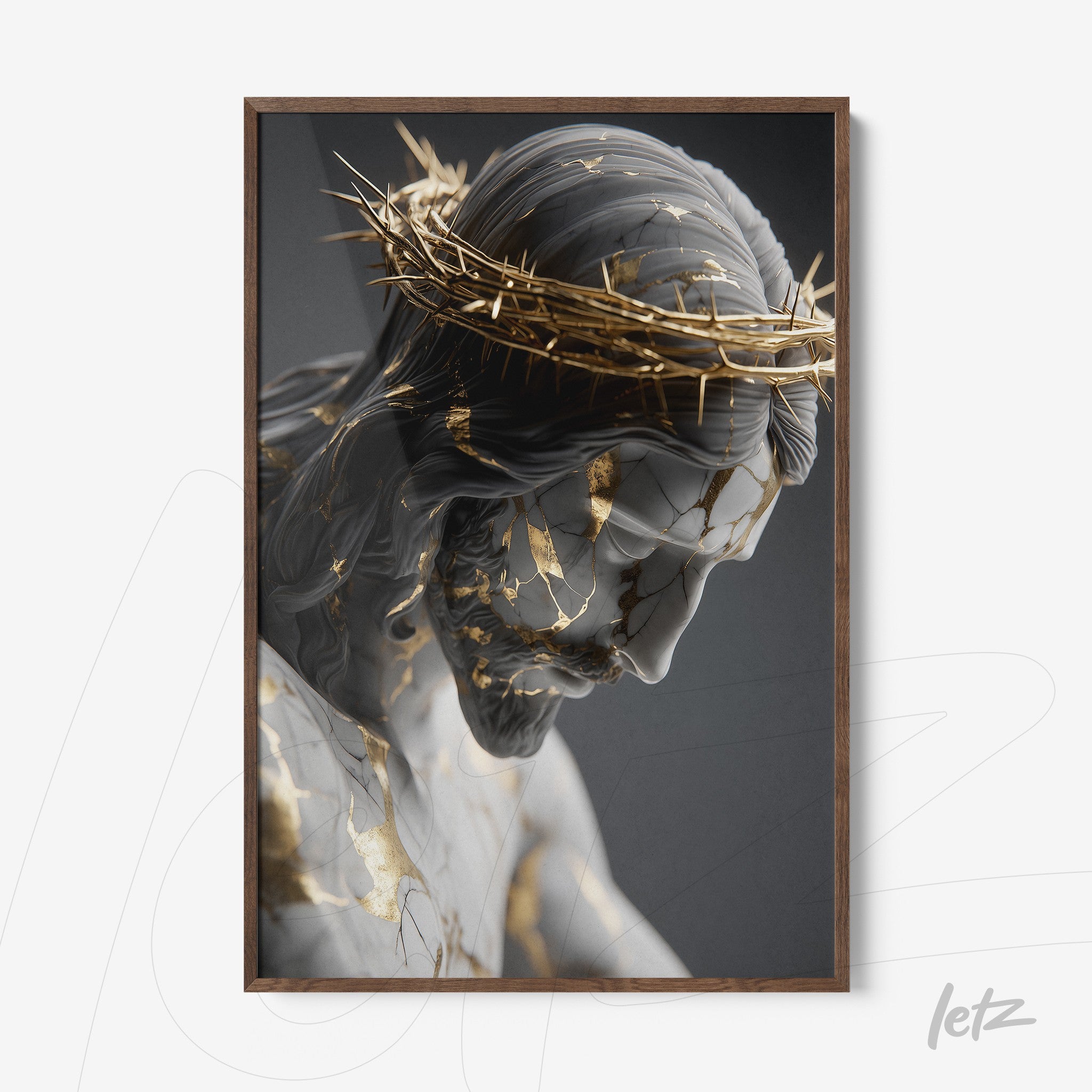 digital art piece featuring a marble sculpture of Christ with a thorn crown, highlighted with golden details and dark wood frame