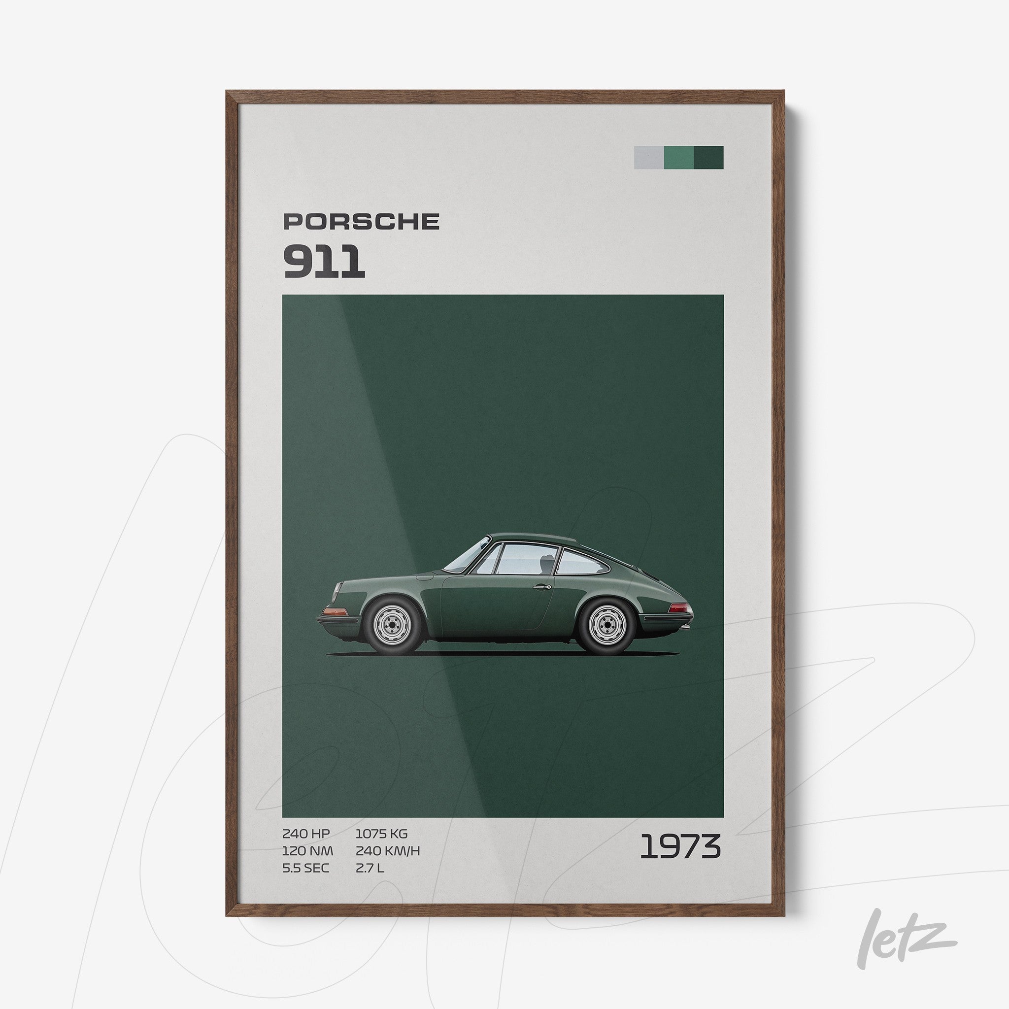 framed wall art featuring a minimalist illustration of a green Porsche 911 on a dark background with a light wooden frame