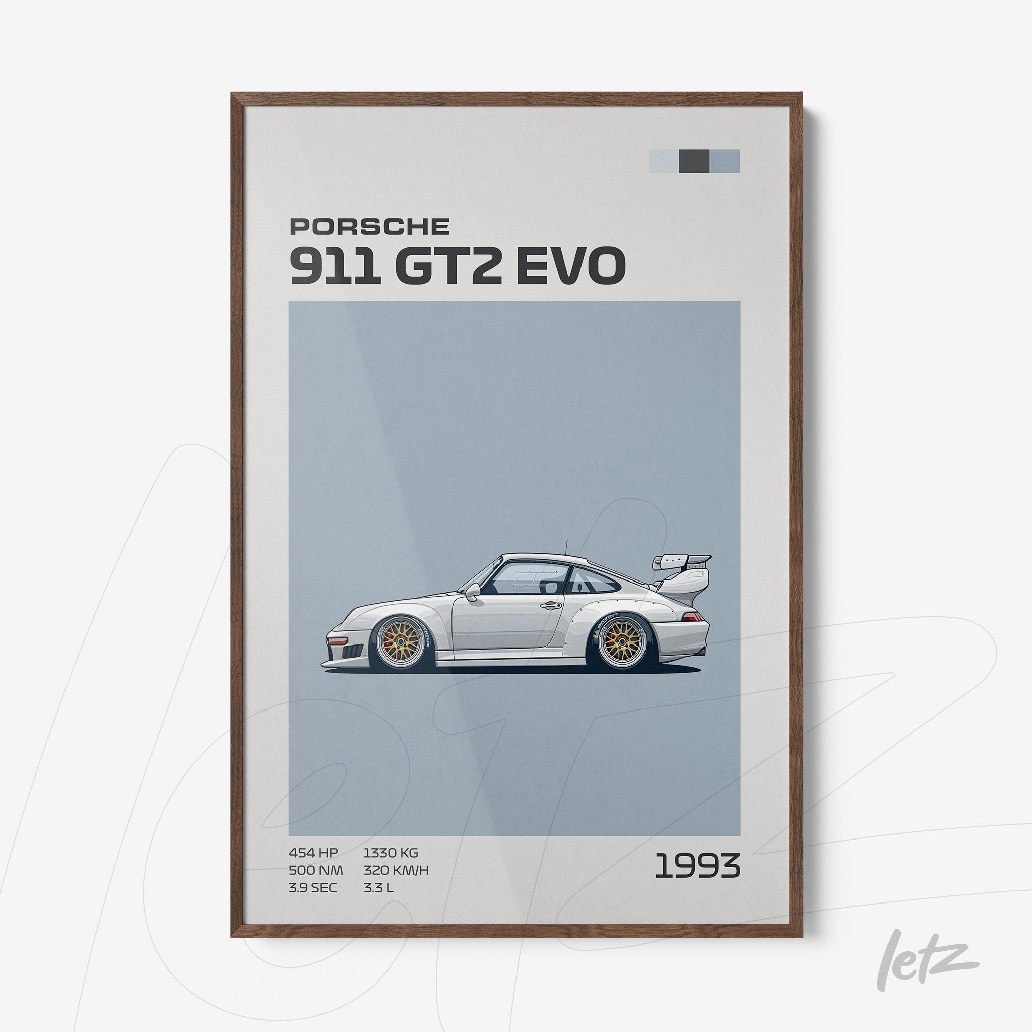 framed graphic art of a 1993 Porsche 911 GT2 EVO with dark wooden frame