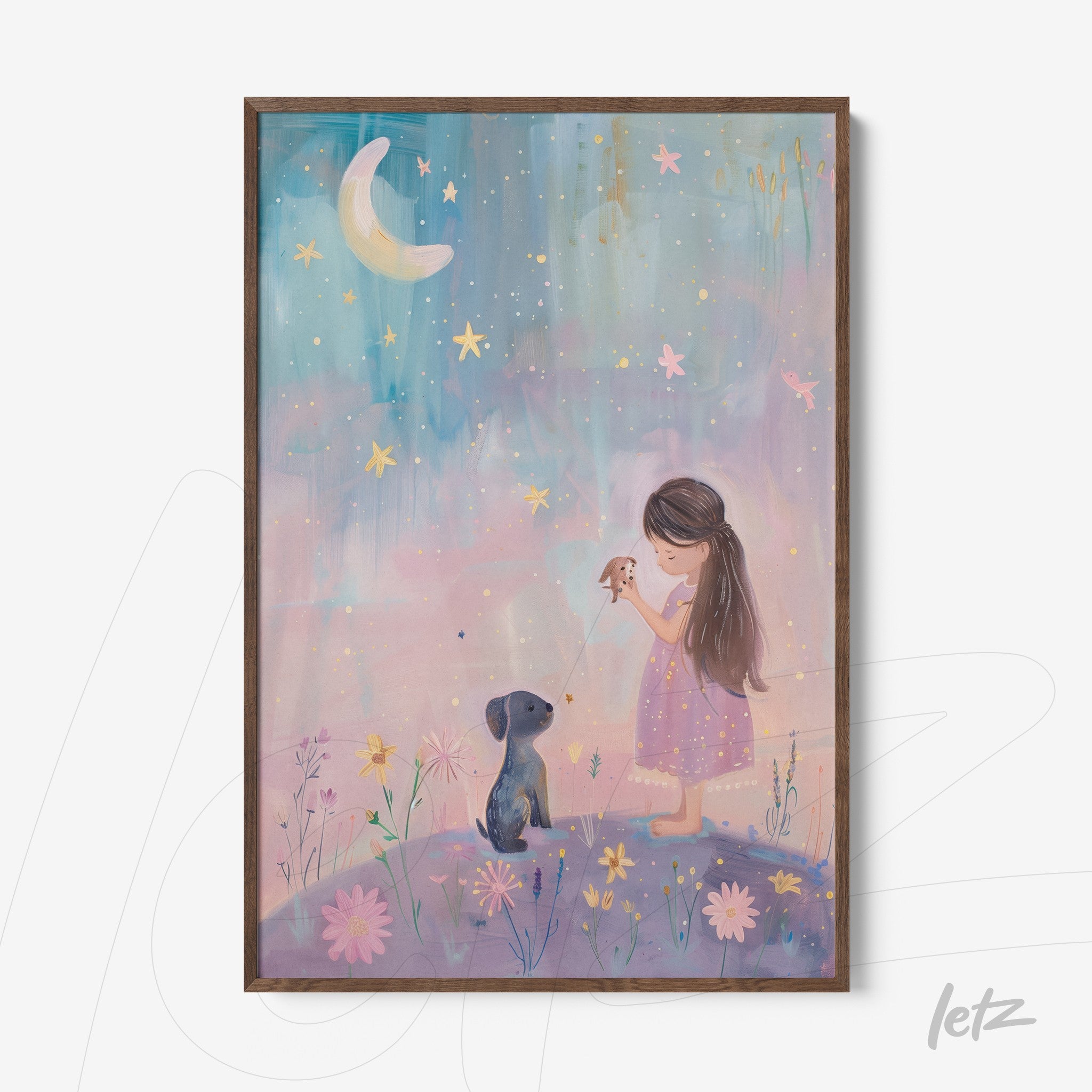 children's art featuring a girl in a pink dress and a dog under a starry sky with floral details and a crescent moon in a dark wood frame