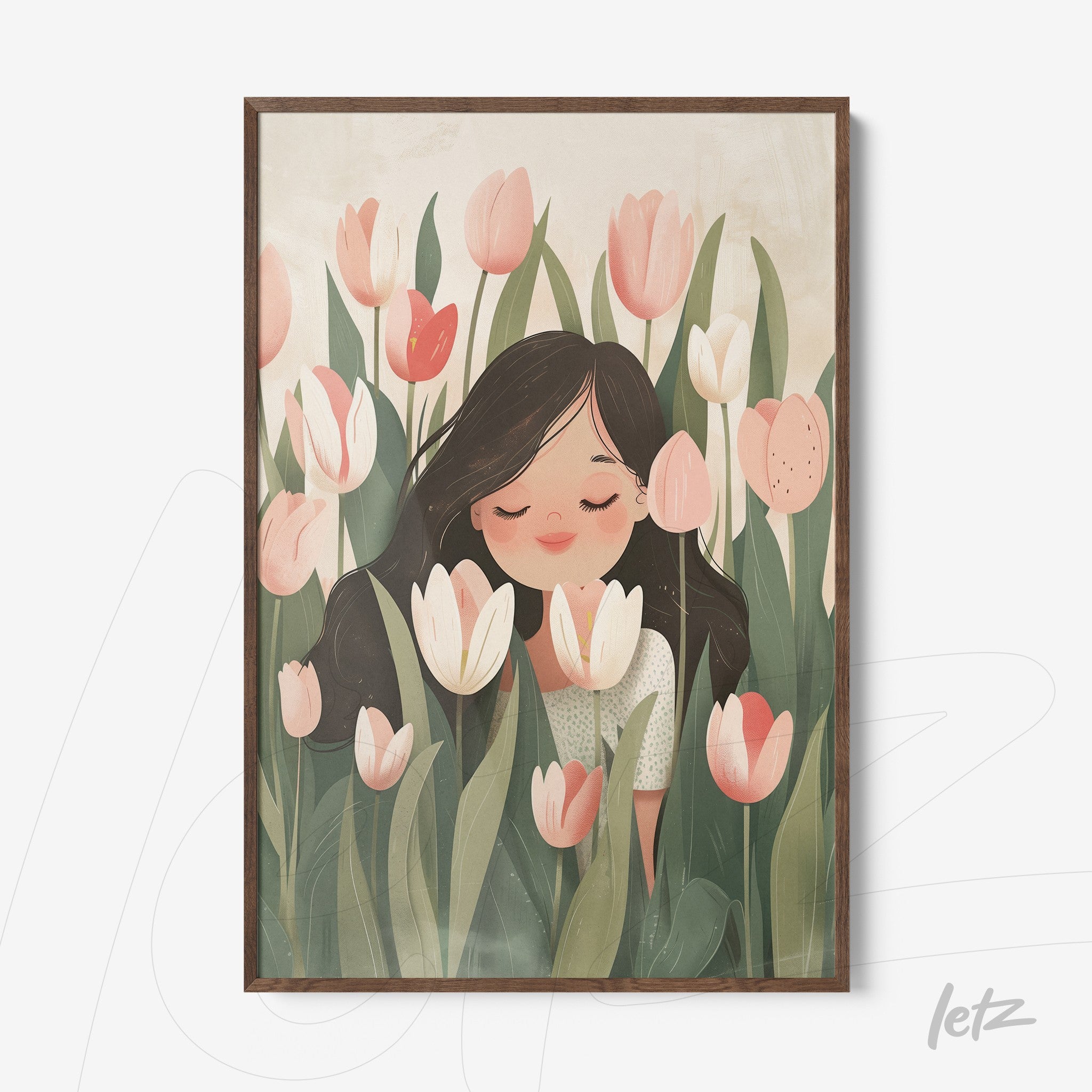 framed artwork of a smiling woman among tulip flowers with a brown frame