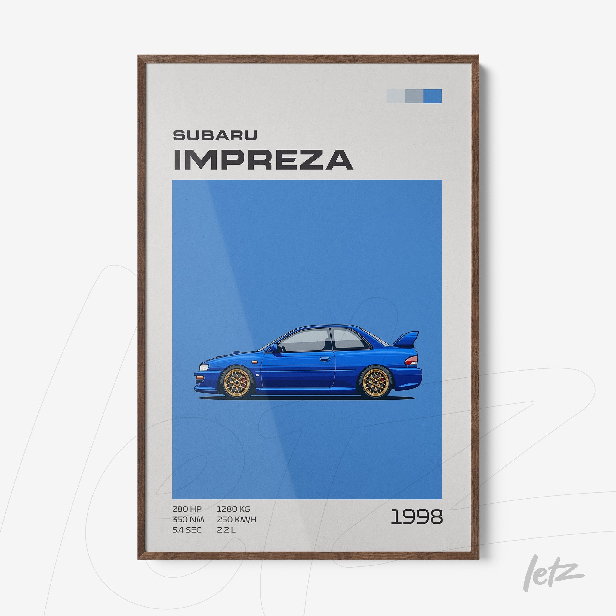 framed digital art of 1998 Subaru Impreza with dark wooden frame