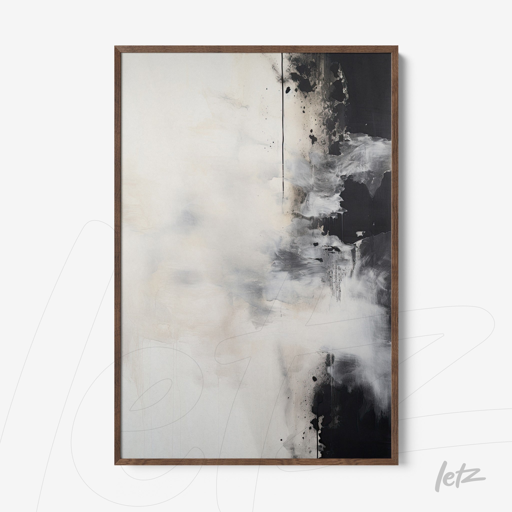 abstract wall art featuring soft and dark tones in a light wood frame