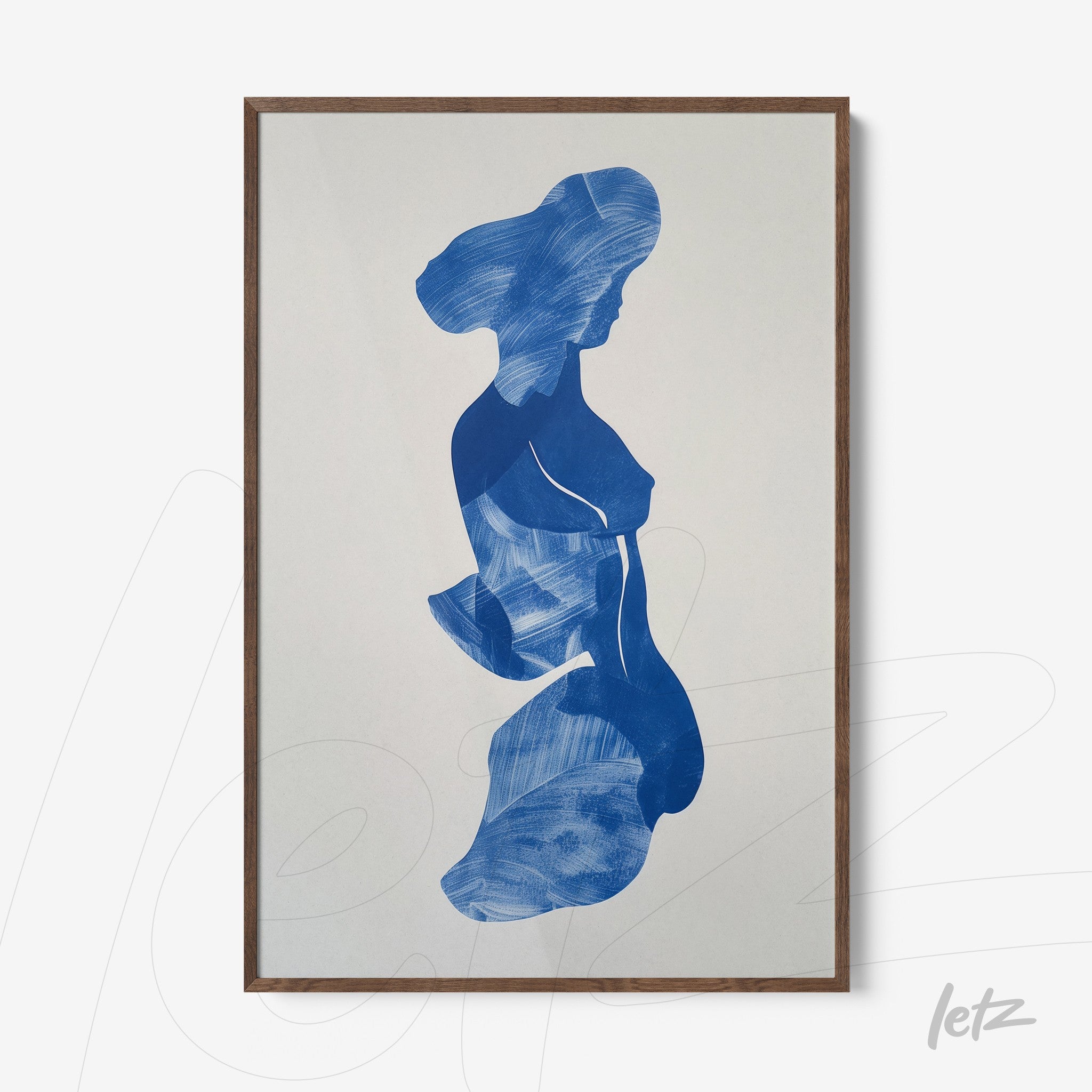 framed artwork featuring an abstract blue silhouette of a woman in a fluid composition with dark wood frame
