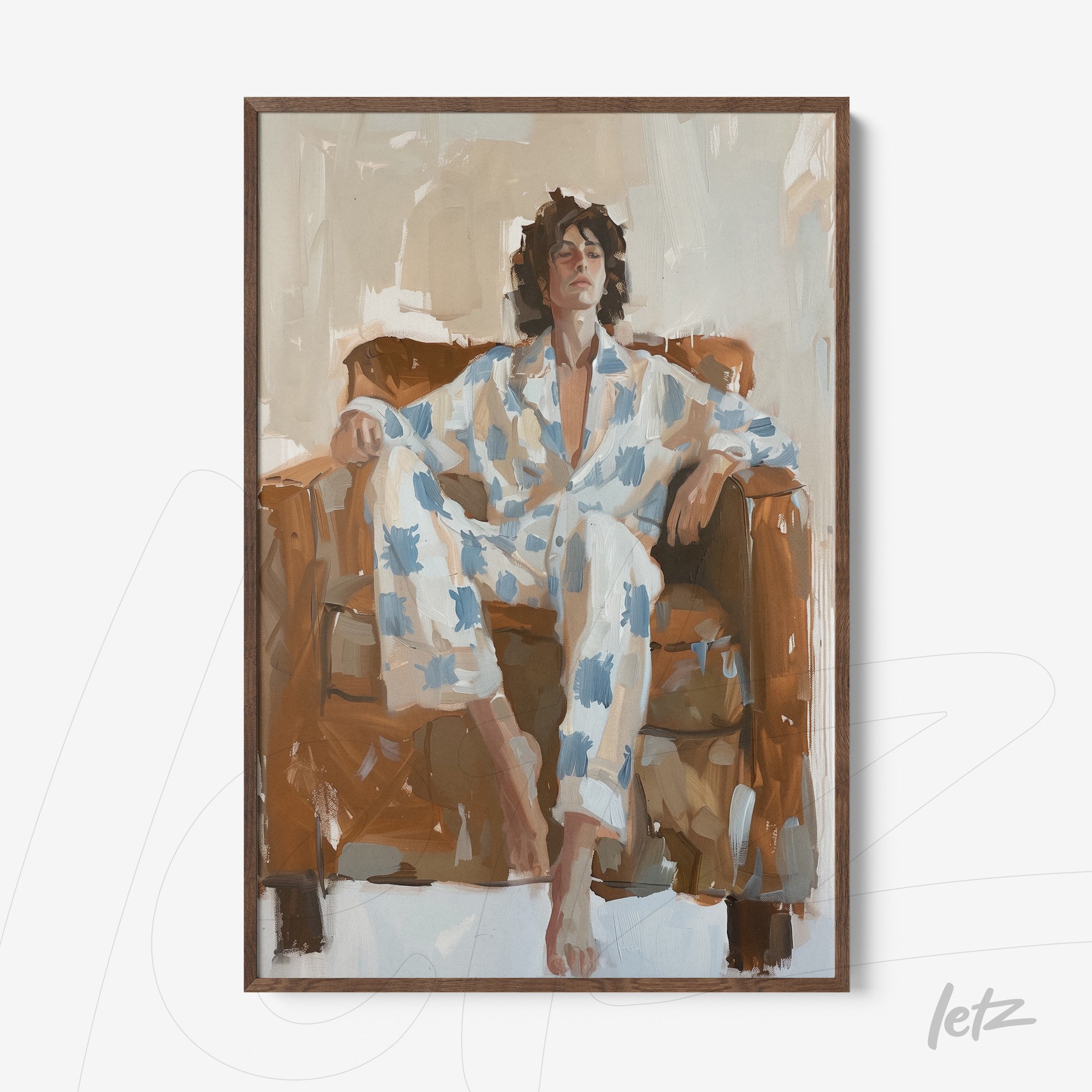 framed artwork of a man lounging on a sofa dressed in light blue pajama set with stains