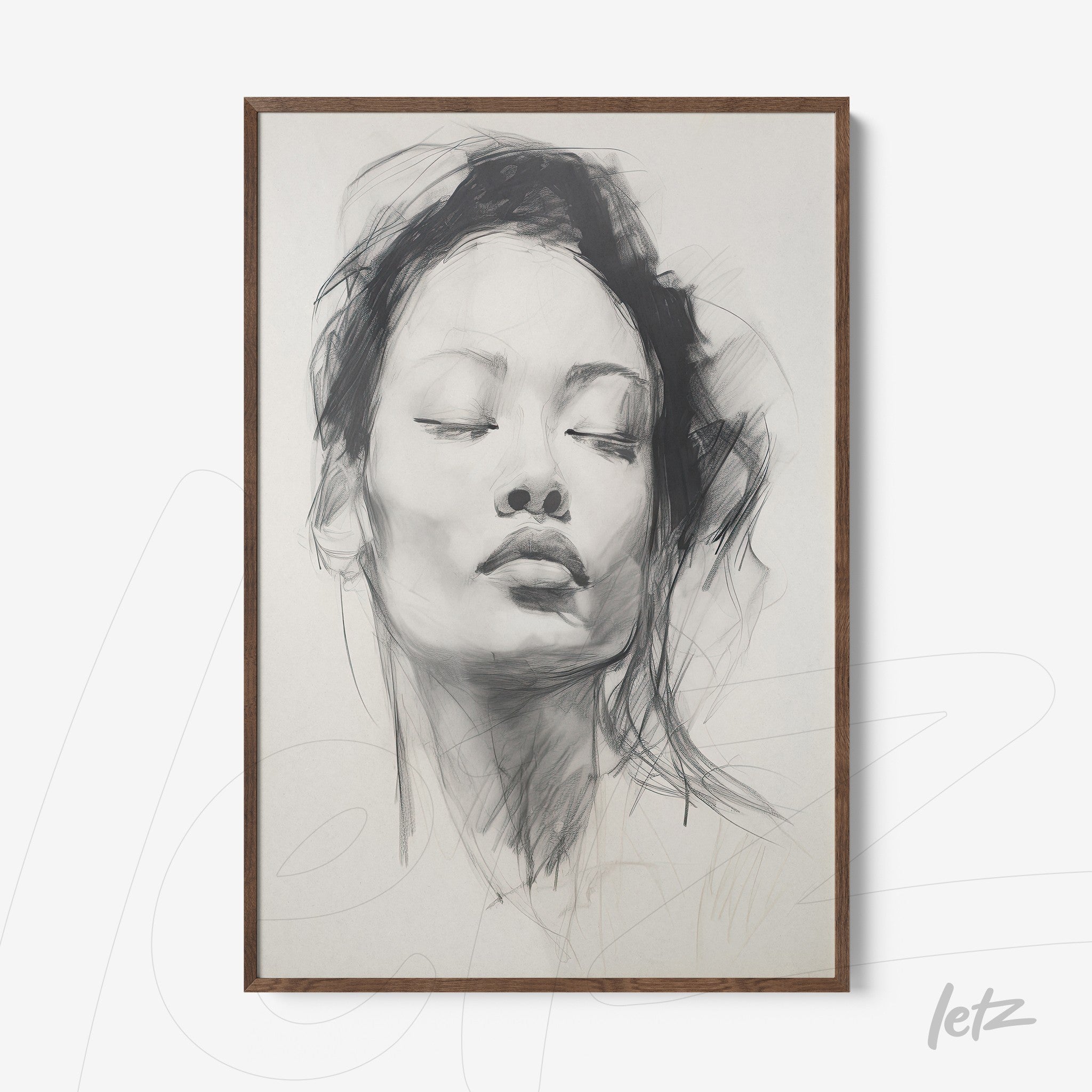 framed art with minimalist sketch of a female face in light wood frame
