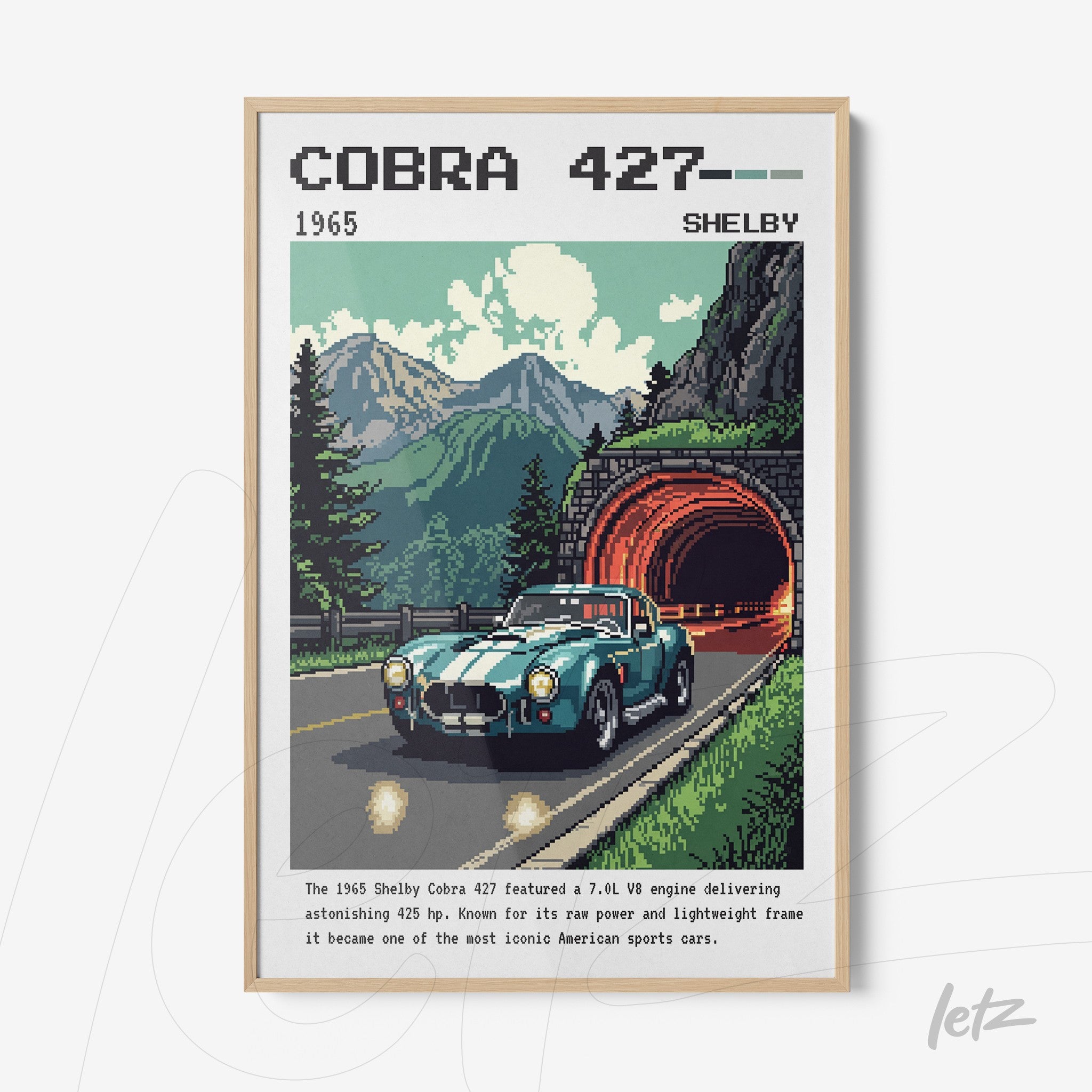 retro artwork of Shelby Cobra 427 sports car in light frame