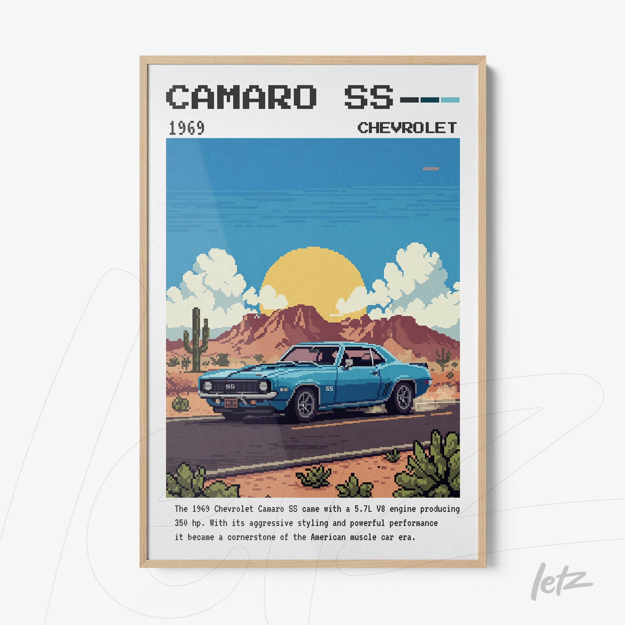 framed wall art featuring a digital illustration of a 1969 Chevrolet Camaro SS on a desert backdrop with cacti and a sun in the background