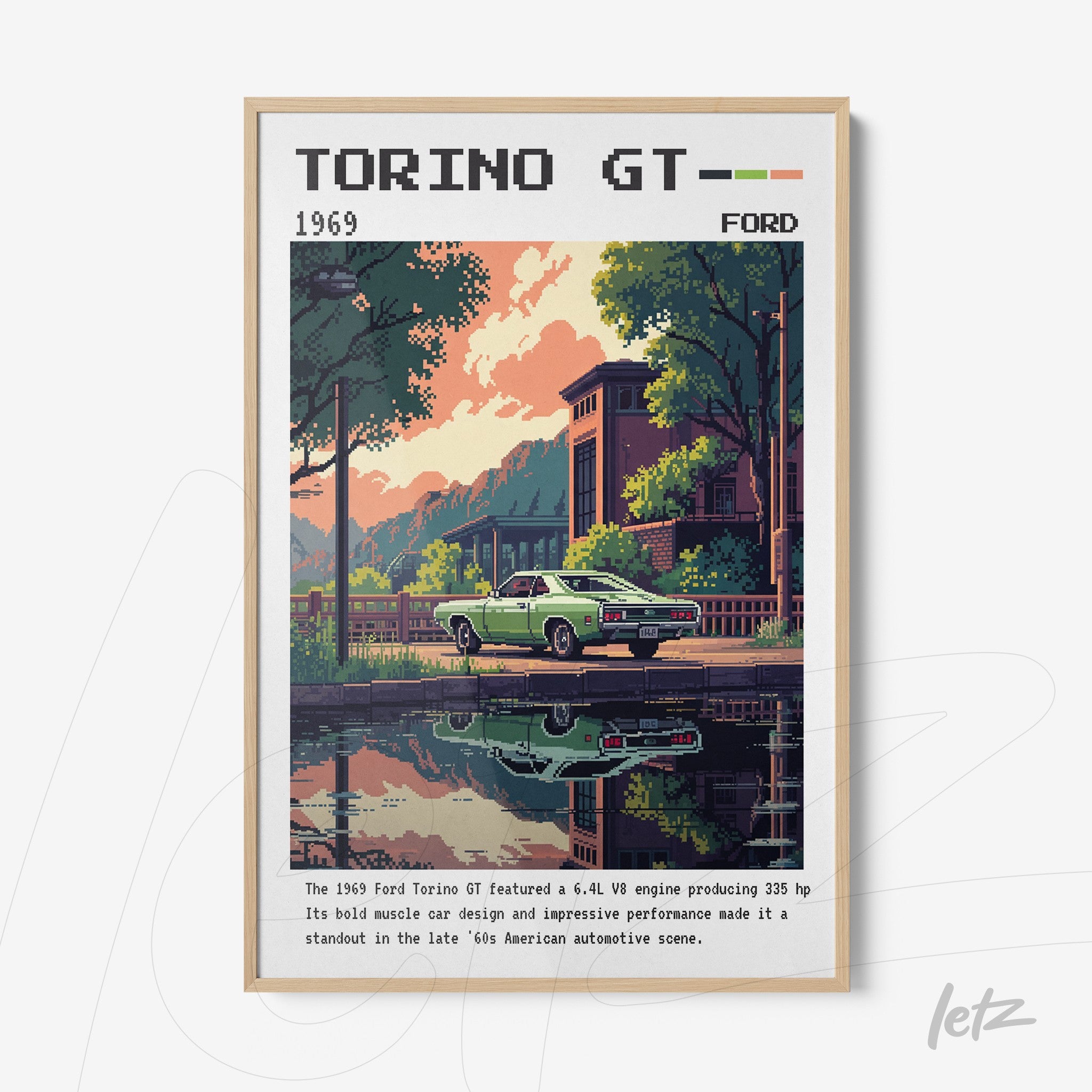 retro style wall art of a 1969 Ford Torino GT in a light frame with an urban landscape background