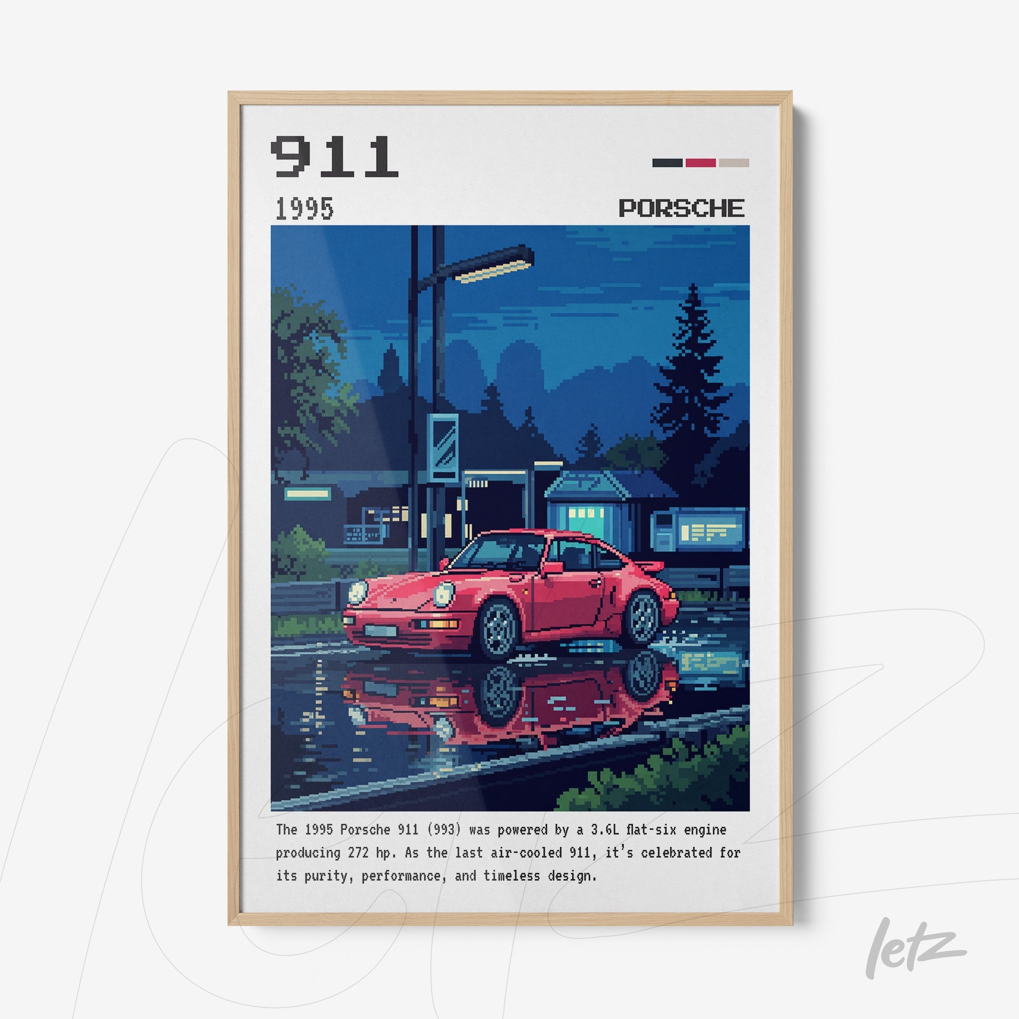 pixel art print of a red Porsche 911 reflecting in a puddle at dusk