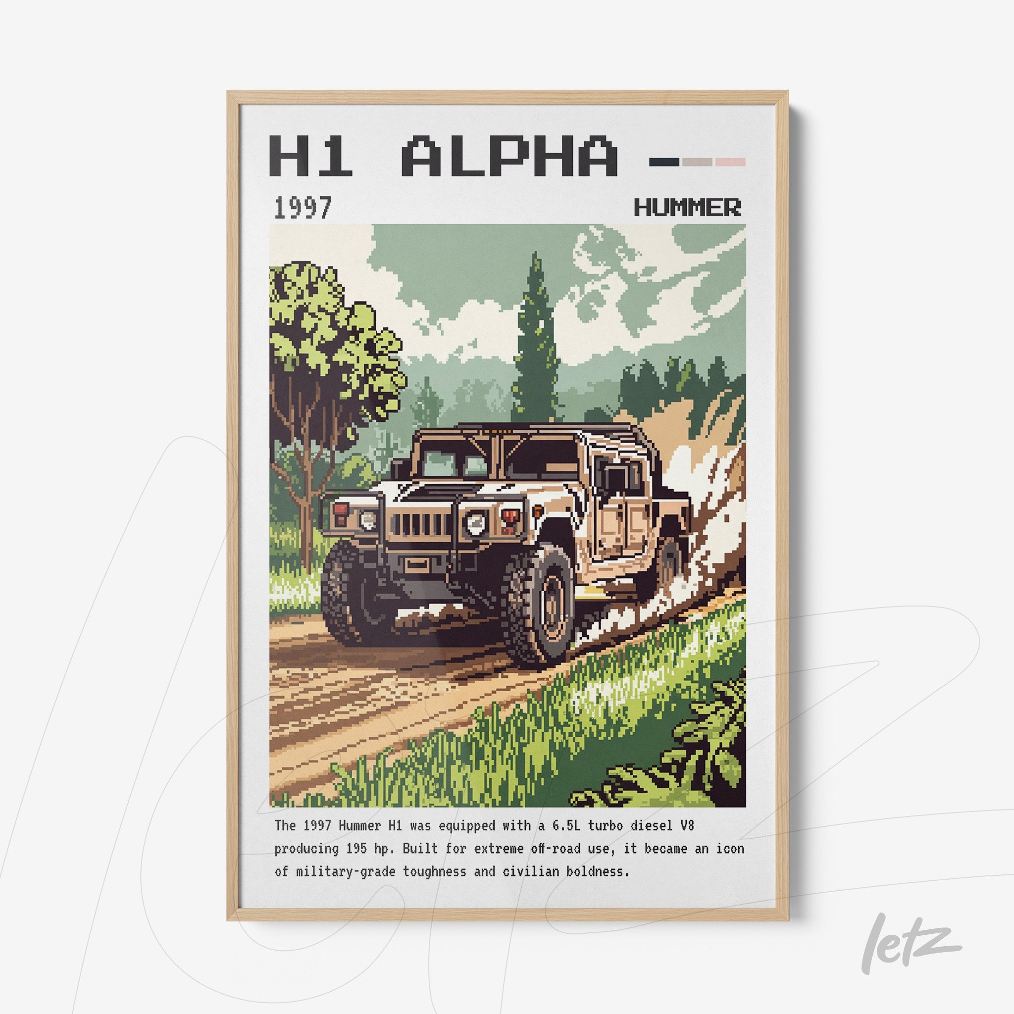 framed retro style digital art of a Hummer H1 on a rural path surrounded by trees
