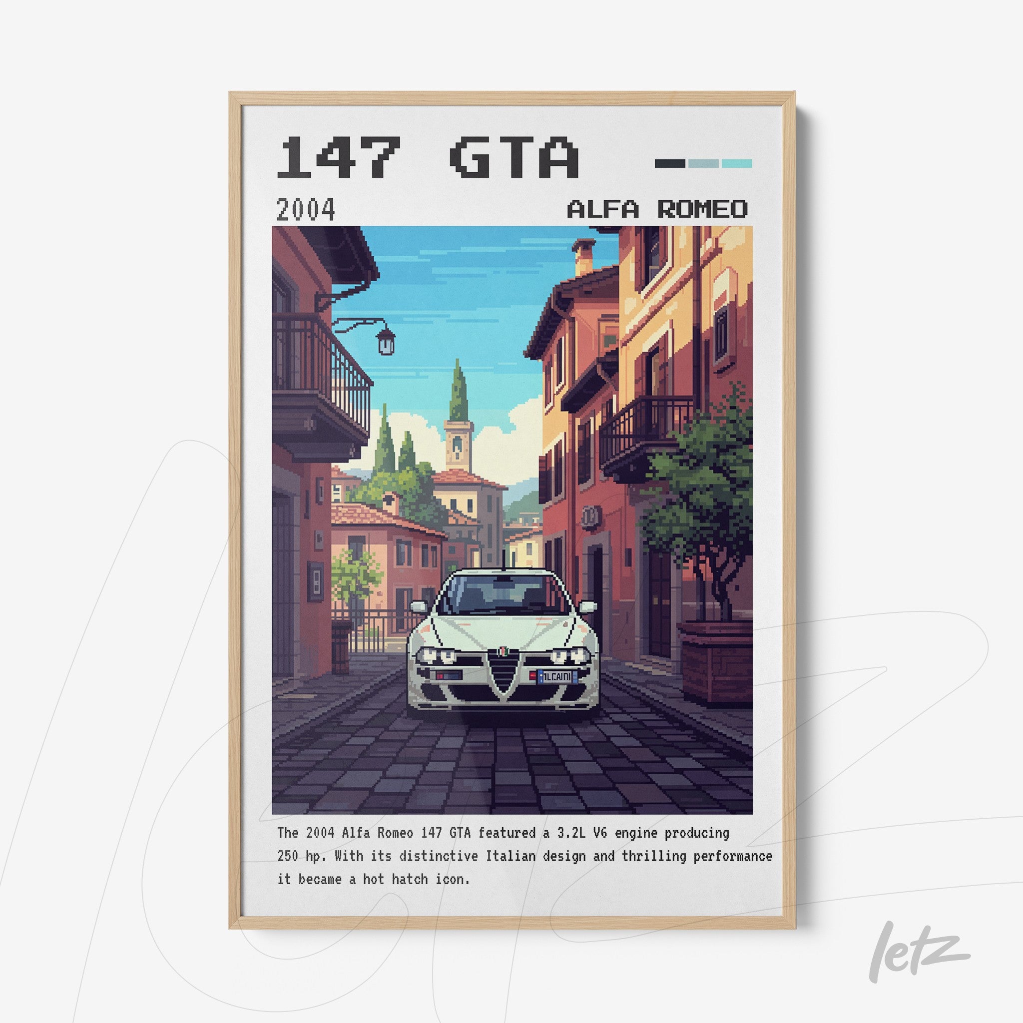 framed digital artwork of Alfa Romeo 147 GTA on an Italian street with light wood frame