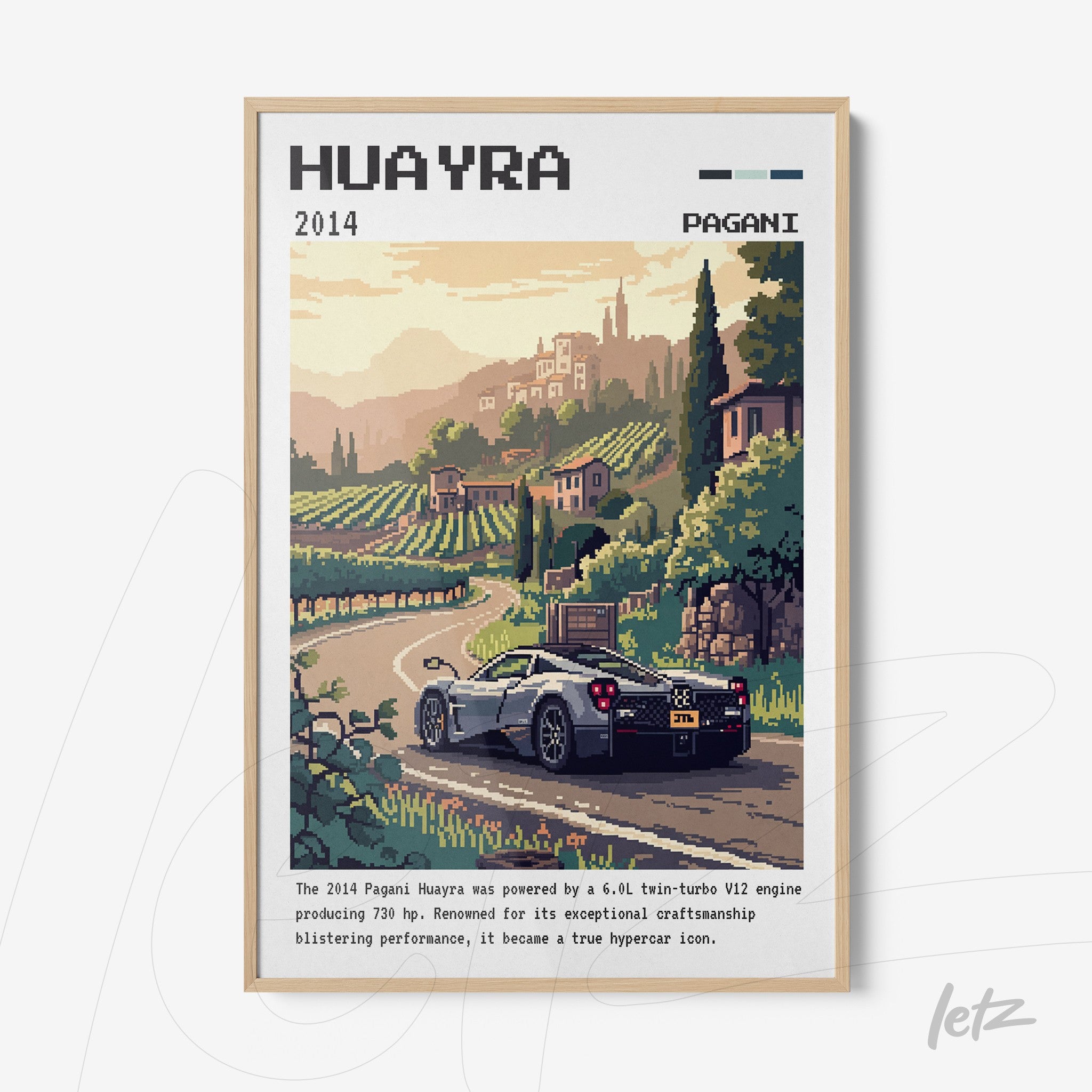pixel art framed illustration of Pagani Huayra car in a rural landscape with hills and vineyards, light wood frame