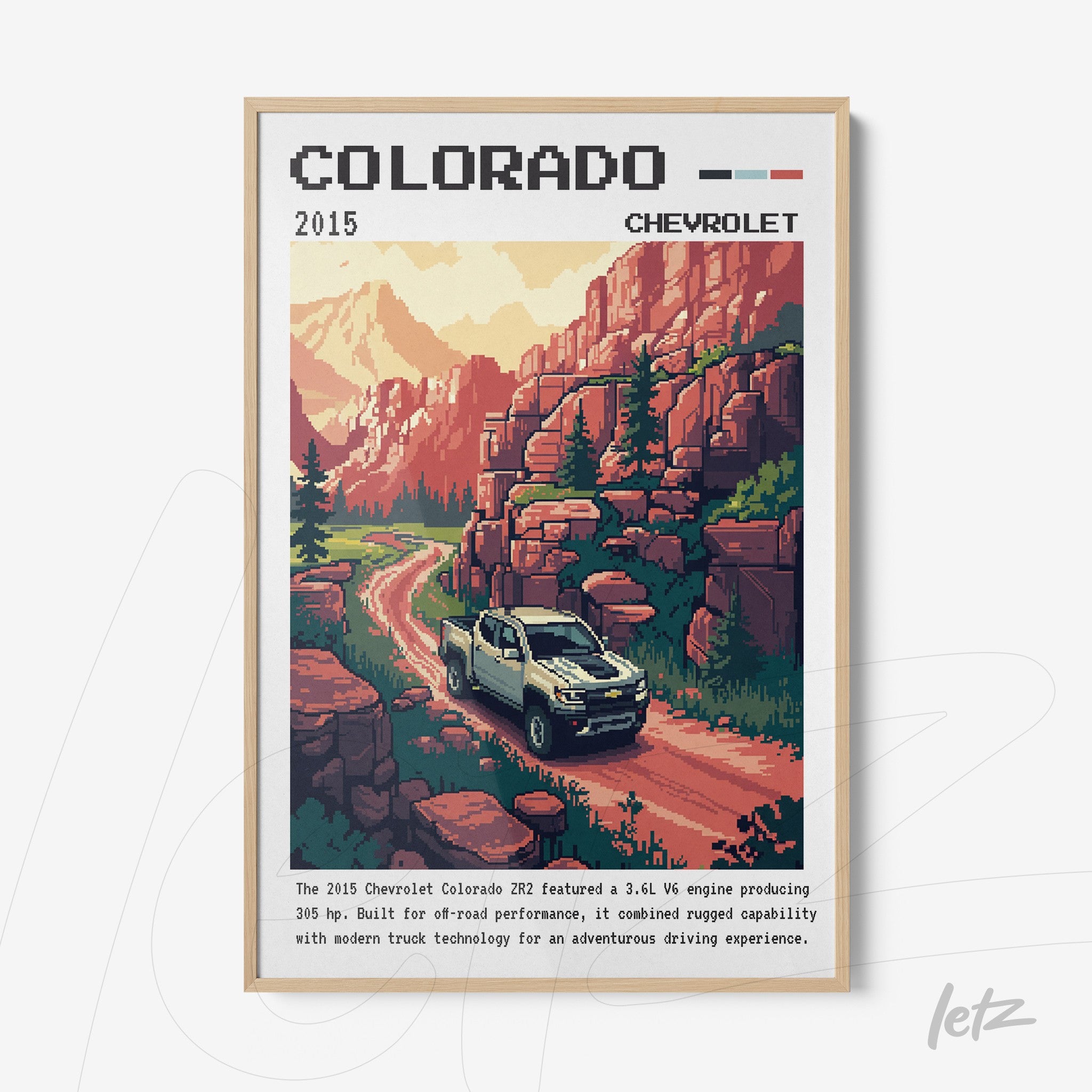 framed pixel art of a Chevrolet Colorado truck amidst red mountains