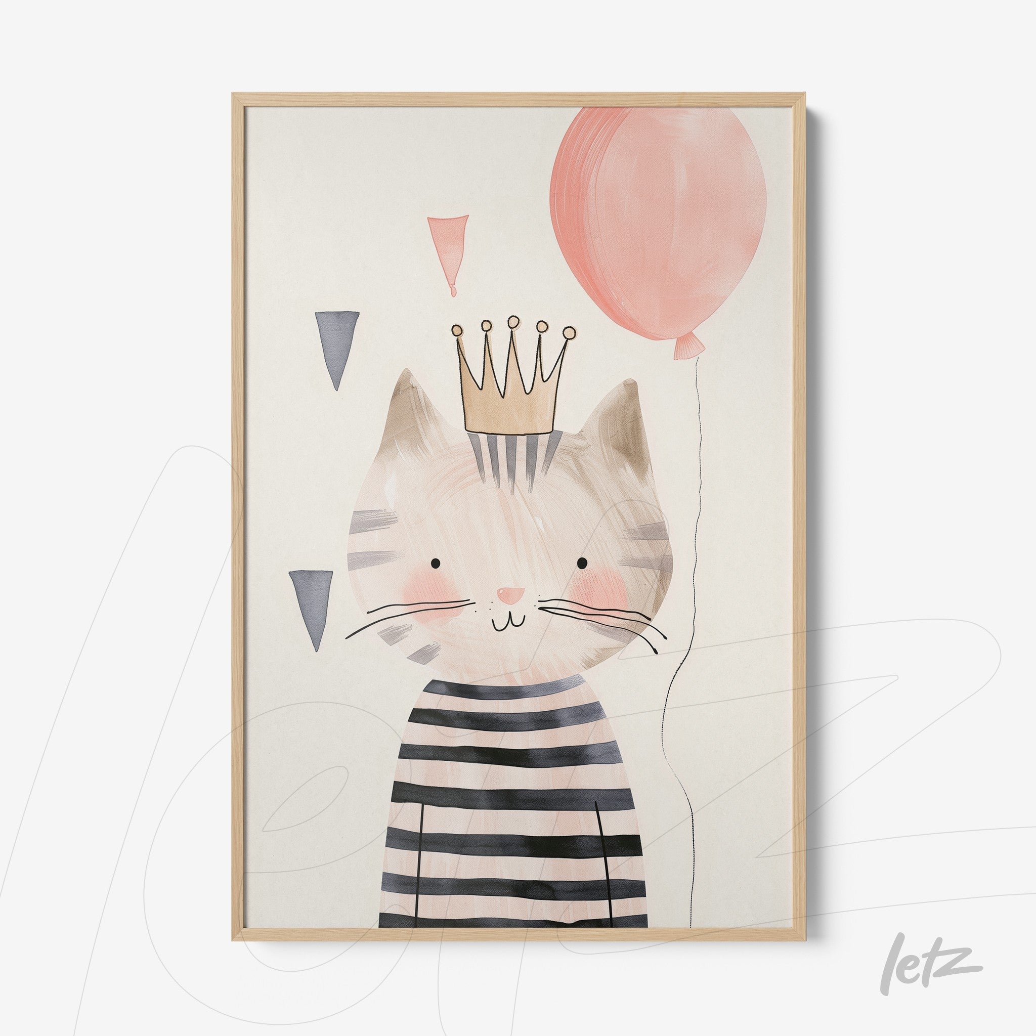 framed artwork featuring an illustration of a cat wearing a crown, dressed in stripes, and holding a pink balloon with a light wood frame