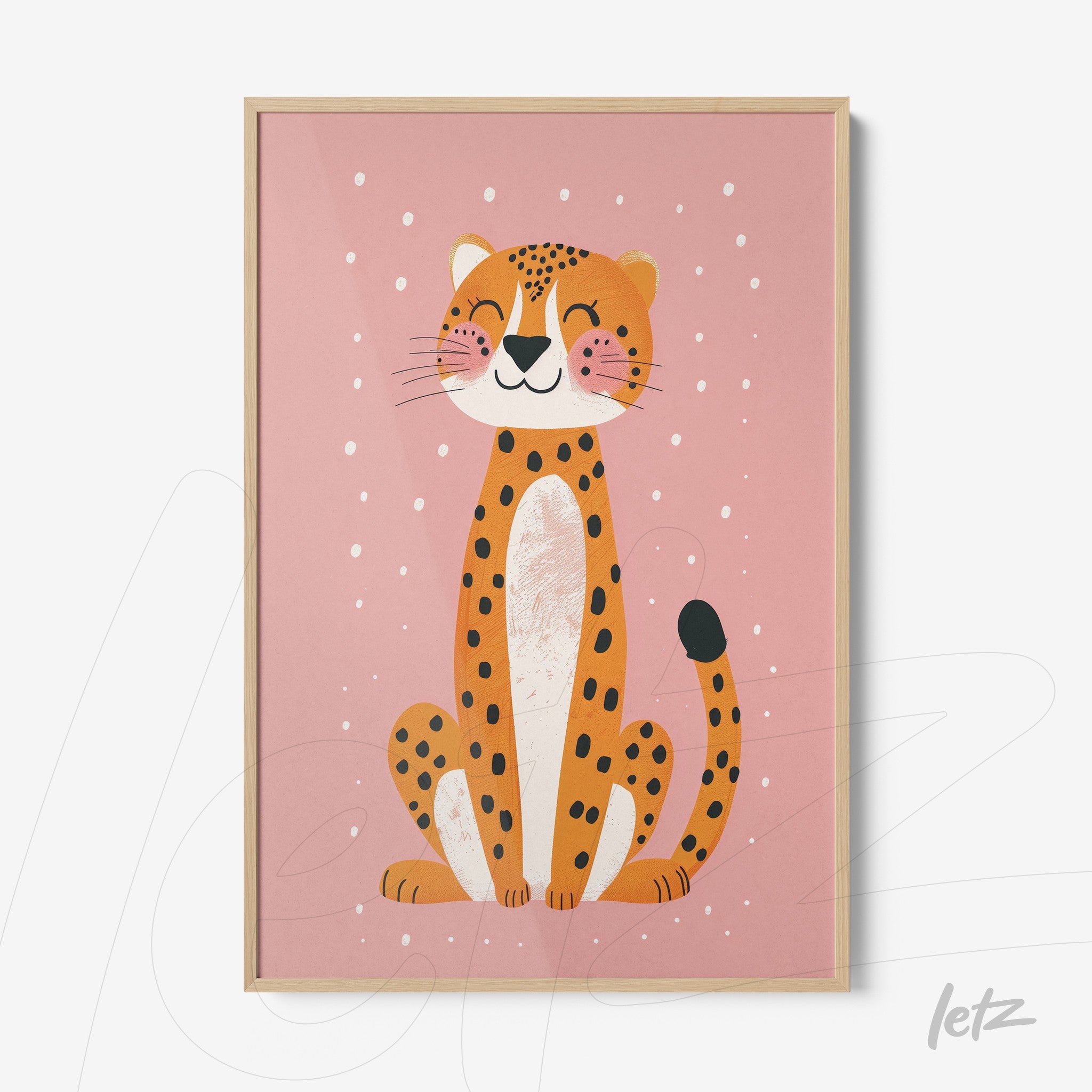 framed art featuring a stylized leopard on a pink background with a light wood frame