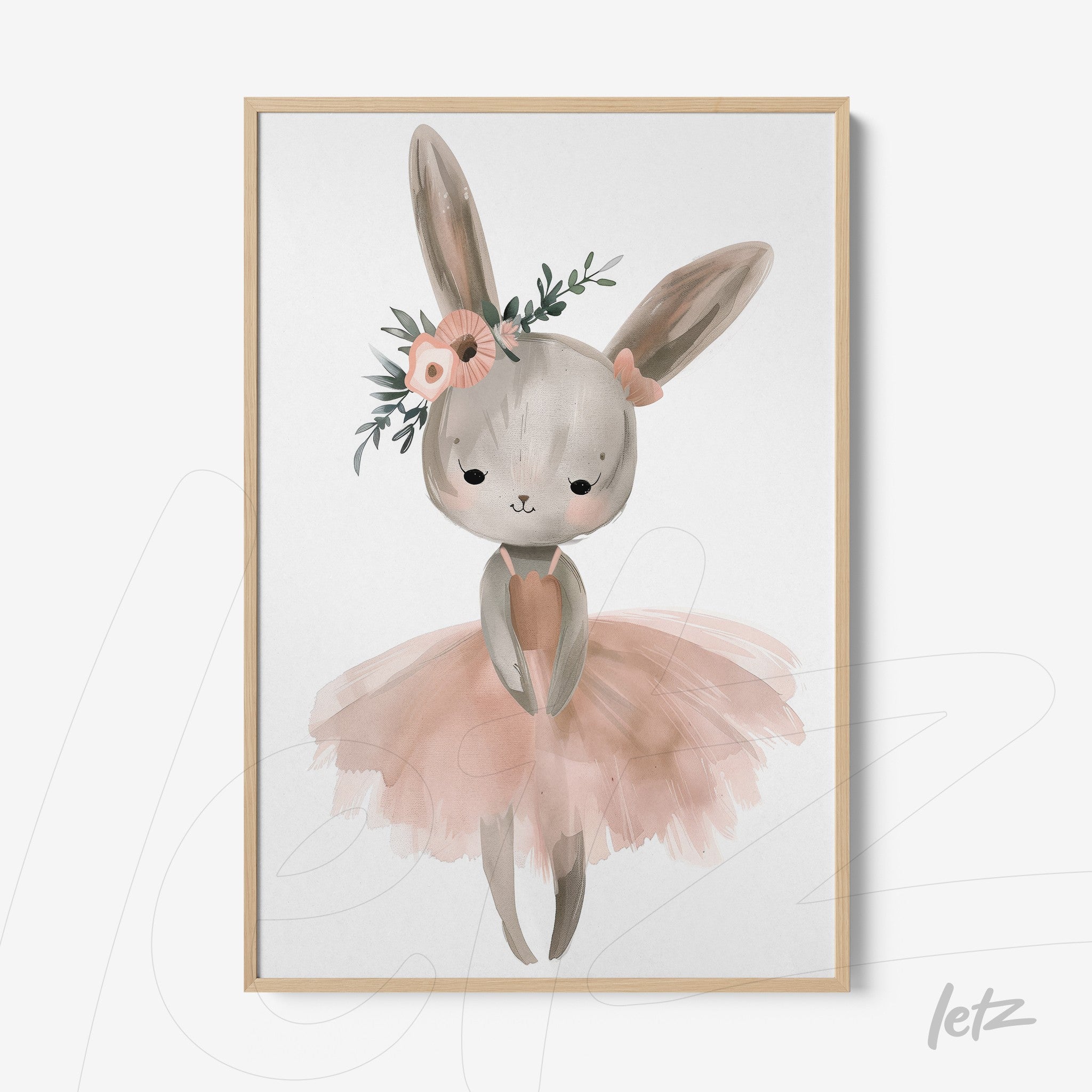 framed artwork featuring a cute bunny ballerina wearing a pink tutu and floral headband with light wood frame