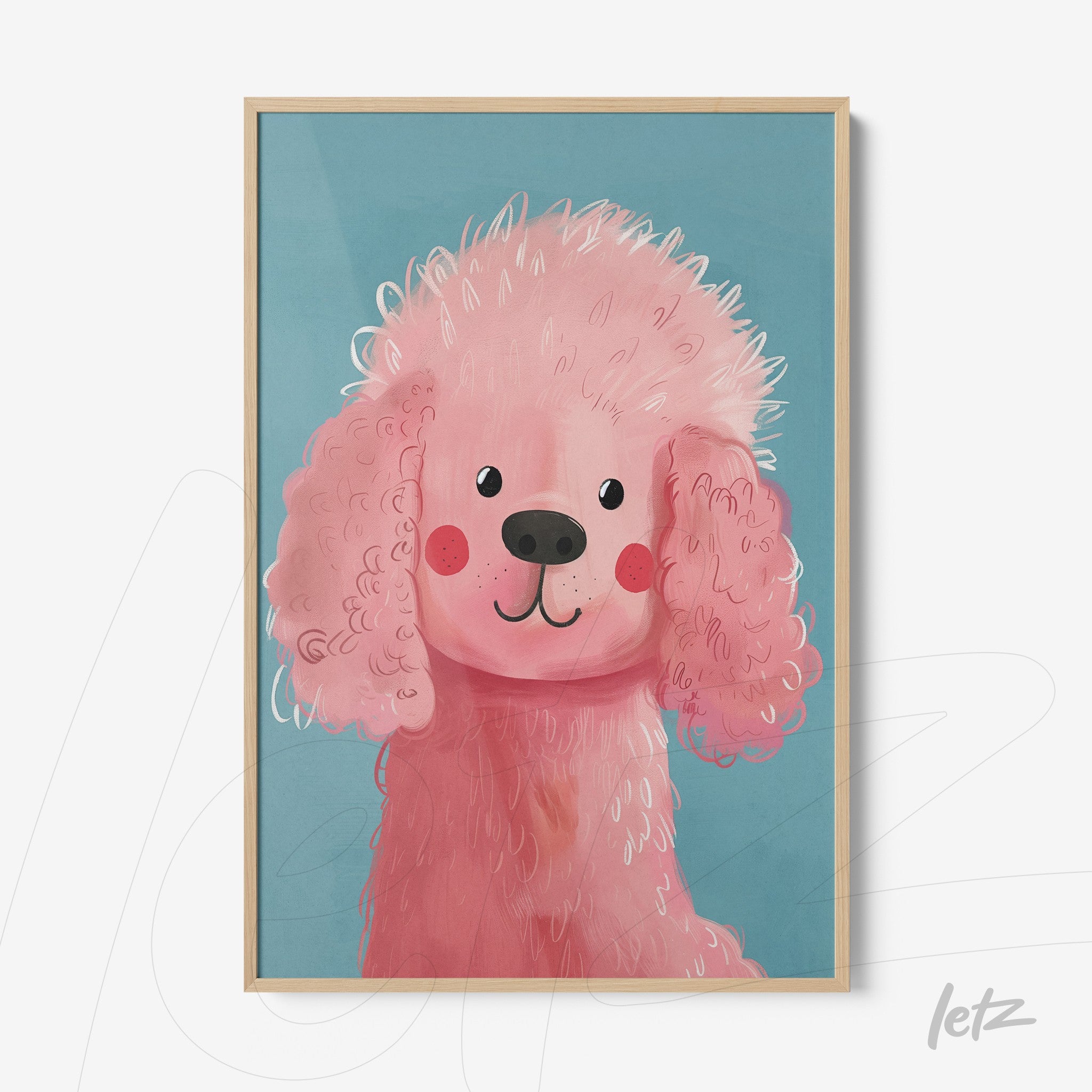 framed wall art of a pink poodle illustration on a blue background with light frame