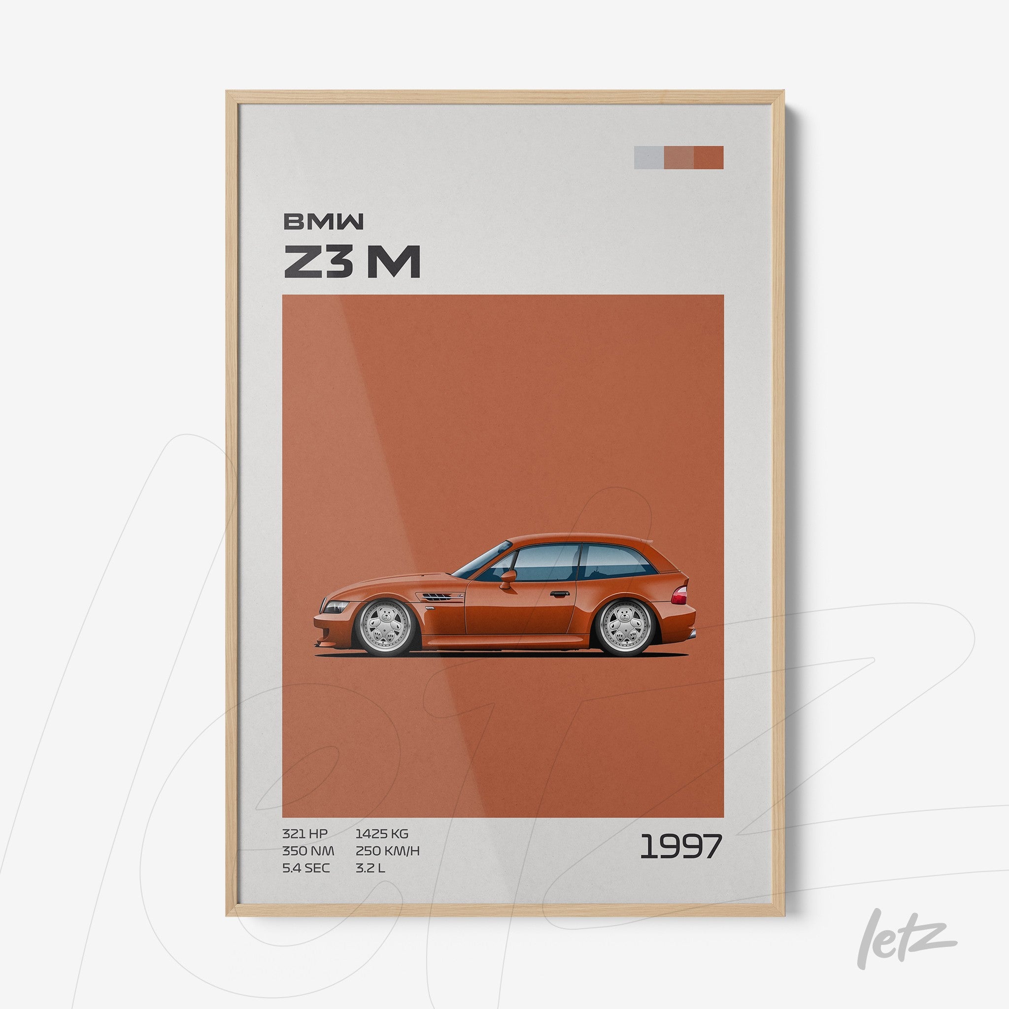 framed art featuring a stylized illustration of the 1997 BMW Z3M with a light wood frame
