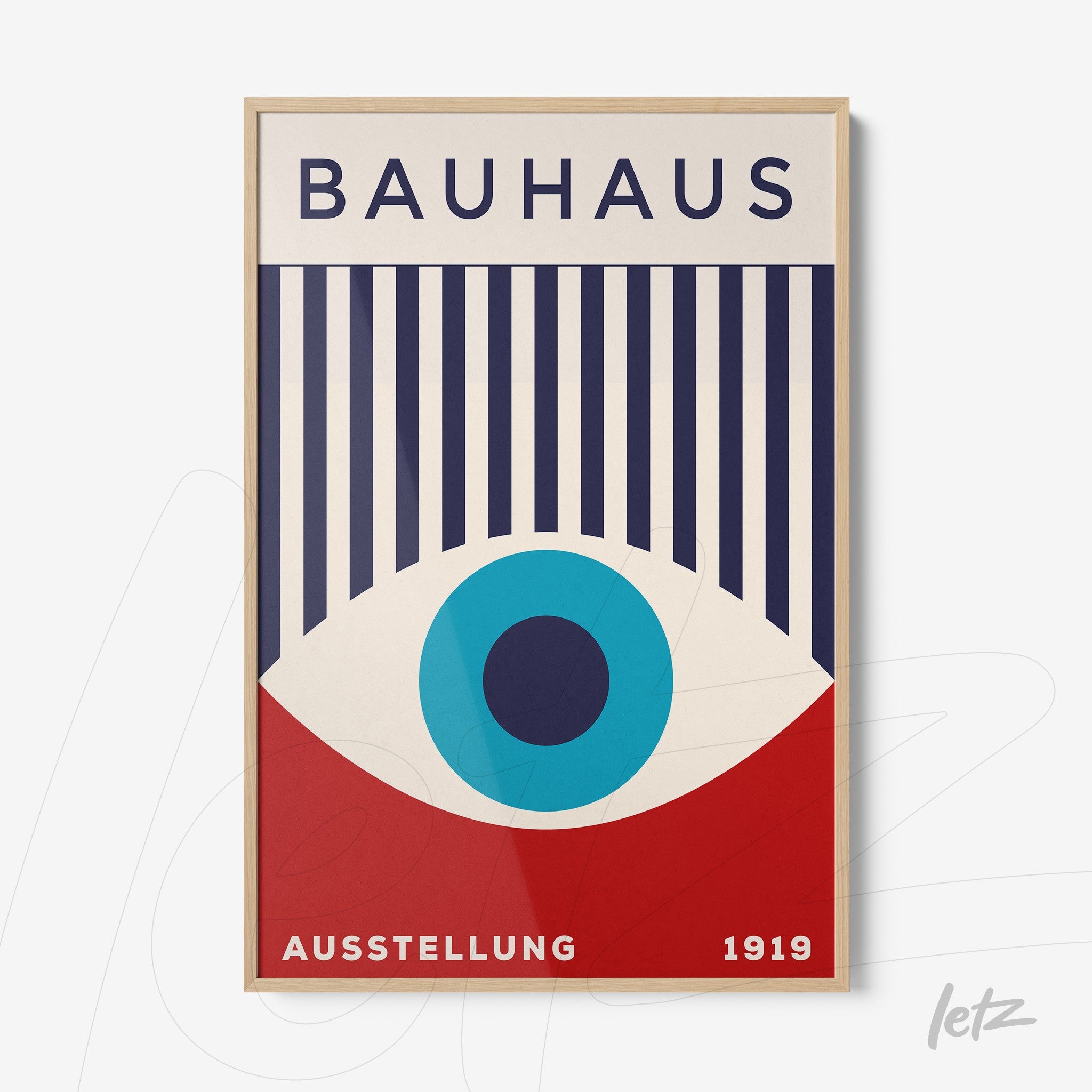 poster featuring bauhaus-inspired geometric design with vertical stripes and circular shapes in a light frame