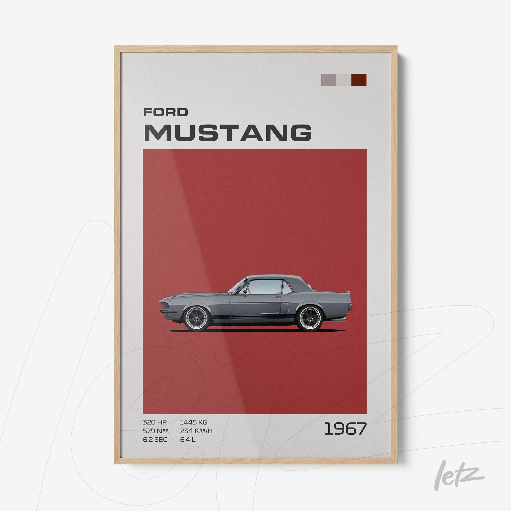 retro framed artwork of the 1967 Ford Mustang showcasing specifications in graphic style with a light wood frame and red background