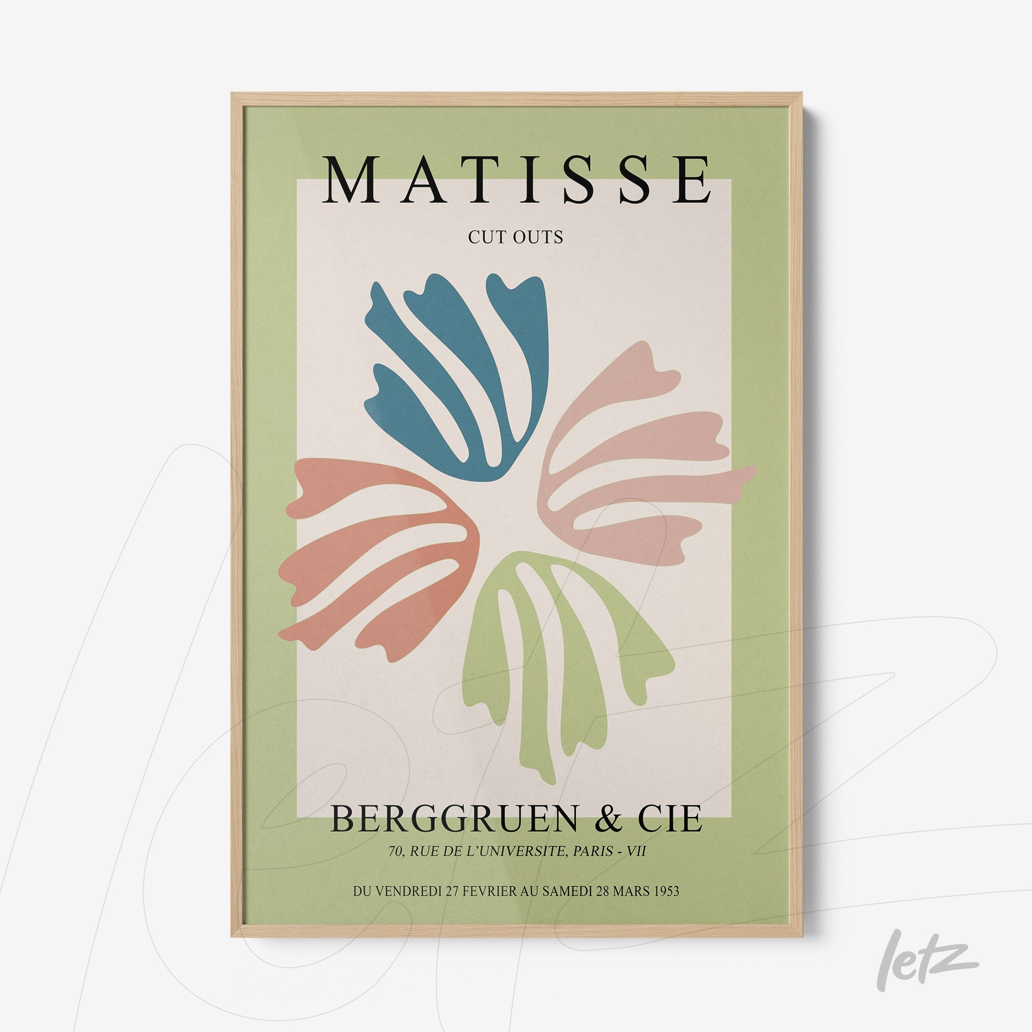 framed modern art print of Matisse's cut outs featuring colorful blue, pink, and green shapes on a light background