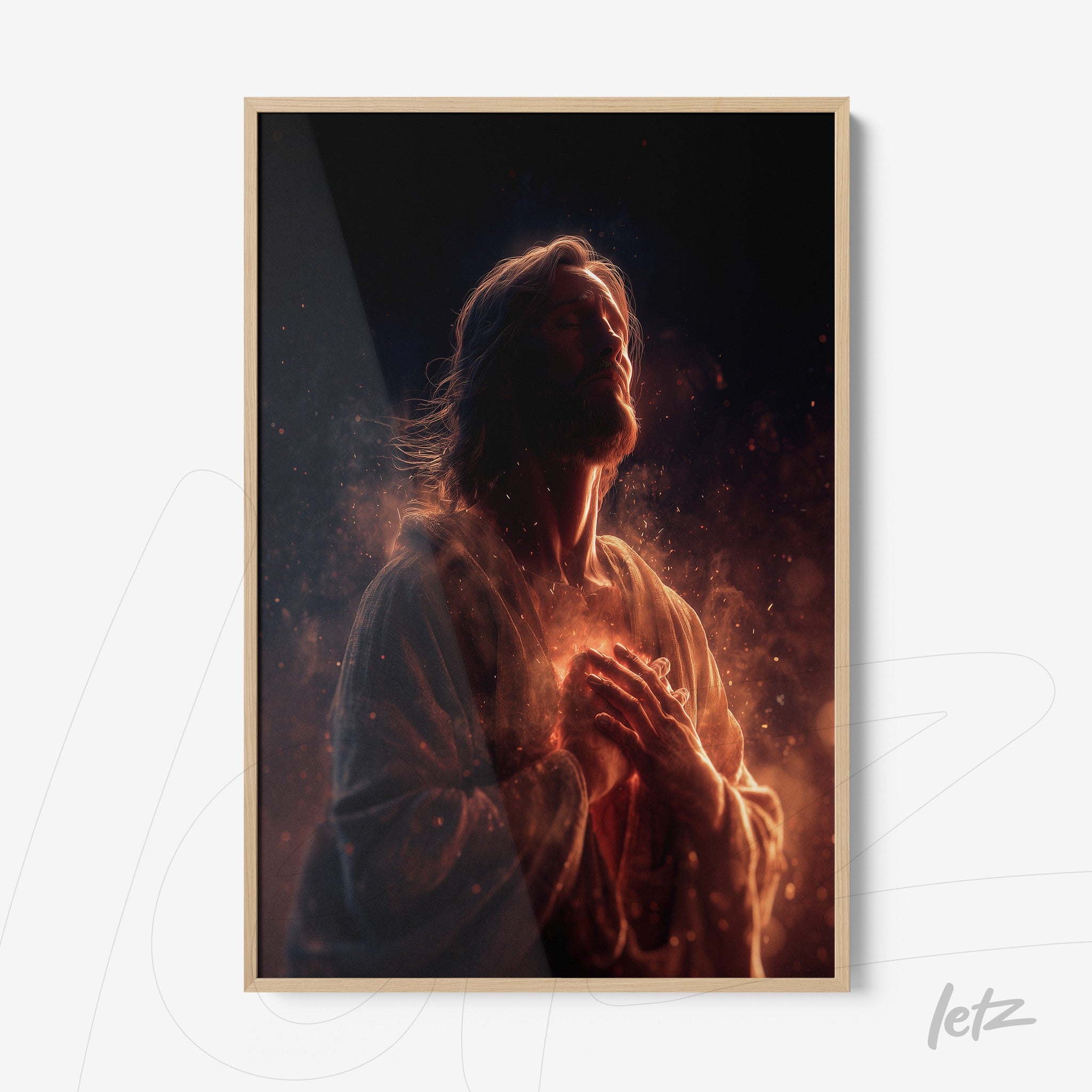 framed artwork depicting jesus with luminous particles and a dark background