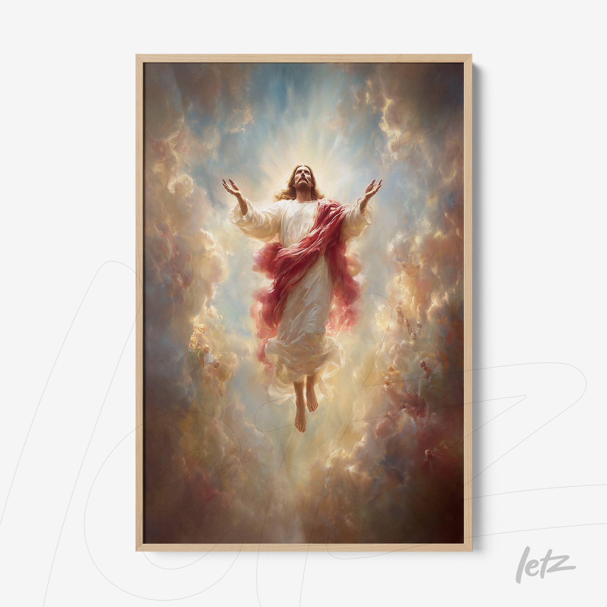 framed artwork of resurrected Jesus amidst colorful clouds with light wooden frame